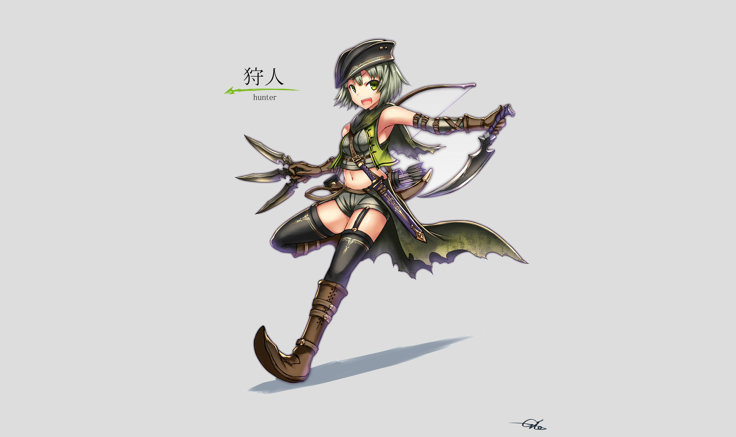 robin 桌布 壁紙 — 一個充滿動感的動漫獵人女孩，綠色頭髮和蝙蝠般的翅膀，手持弓和飛刀向前躍進。