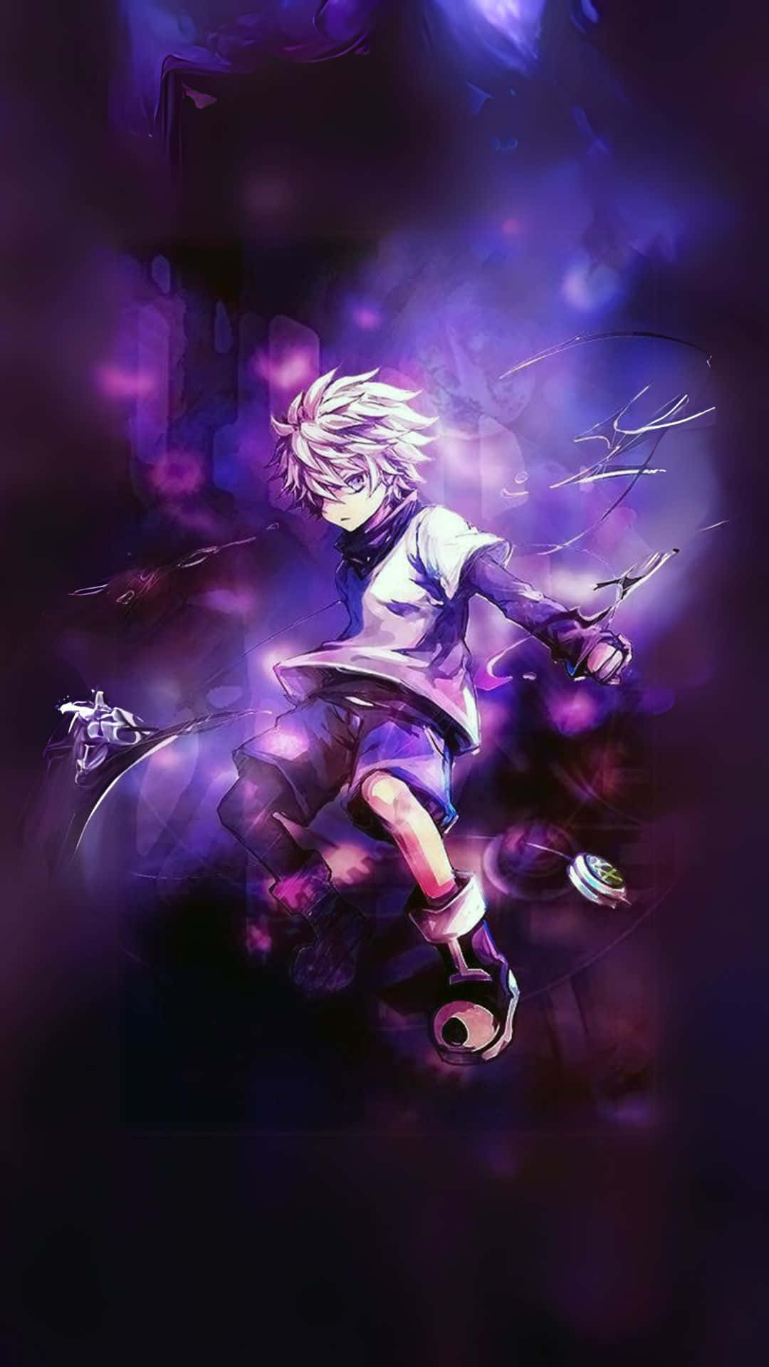 scrooooooo 壁紙 — 一個充滿動感的動漫男孩，擁有尖刺的白髮，穿過發光的紫色迷霧，揮舞著劍和發光的球體。