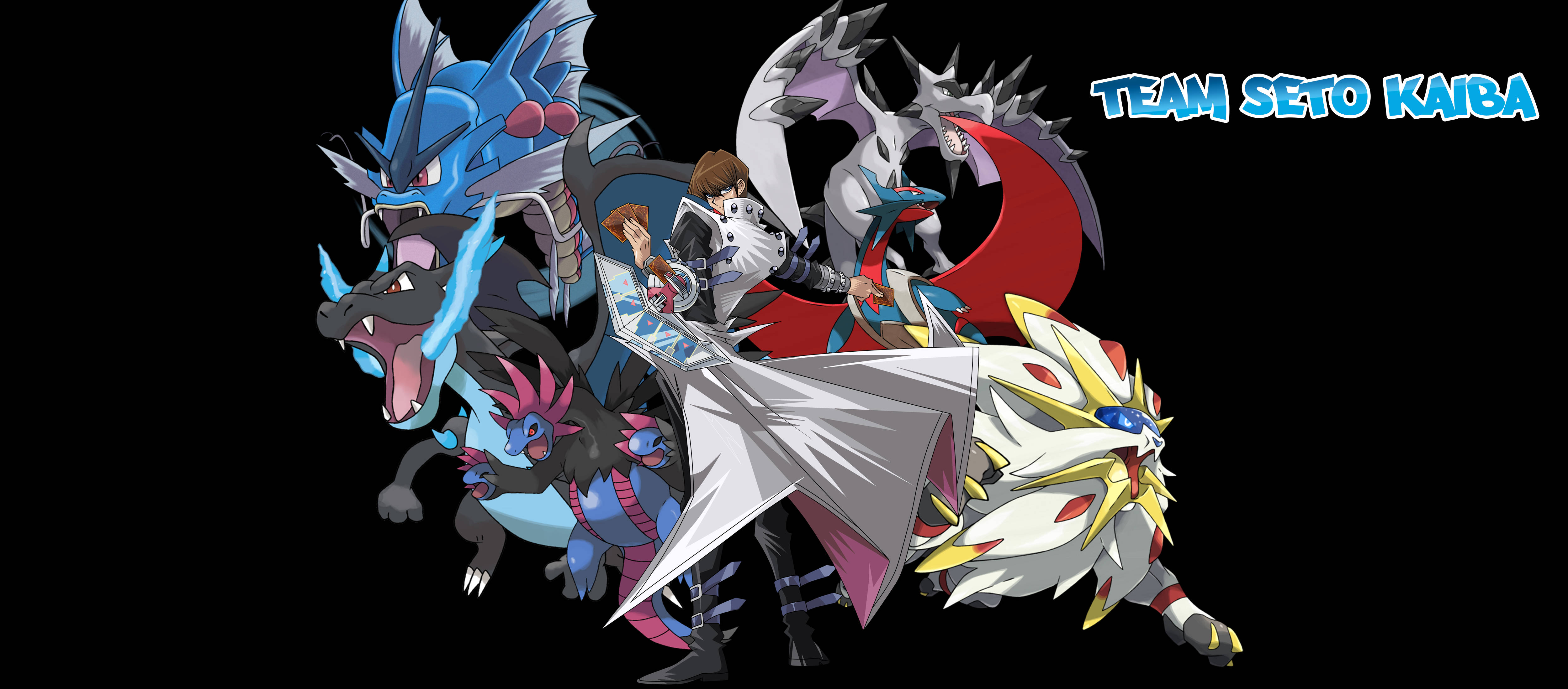 kaiba 桌布 壁紙 — 一個充滿動感的動漫群體，包含五隻龍系寶可夢和一個人類角色，在黑色背景上以發光藍色文字襯托下英勇地擺出姿勢。