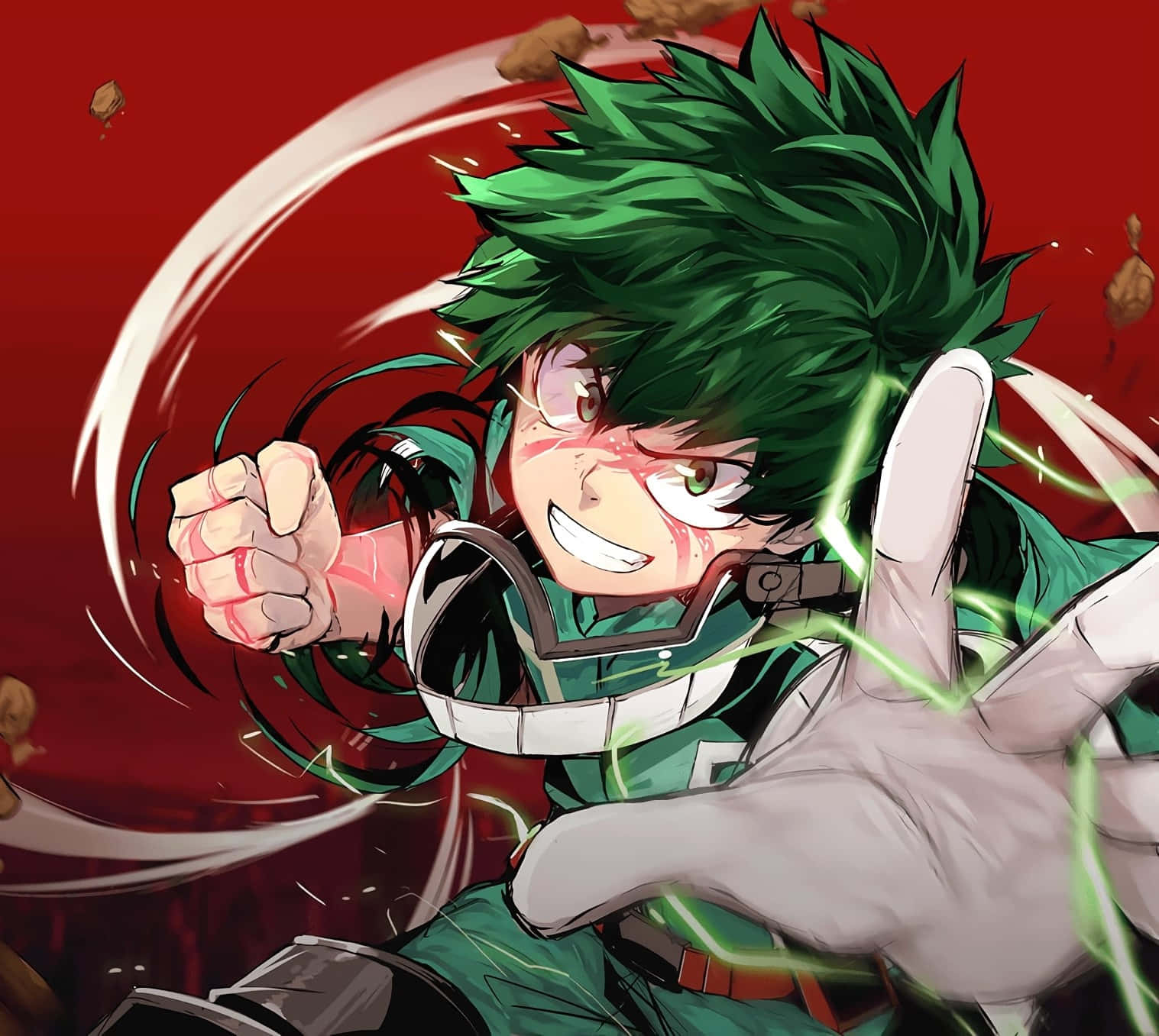 My Hero Academia Deku 桌布 壁紙 — 一個充滿動感的動漫英雄，擁有尖刺的綠色頭髮和發光的綠色能量拳頭，在鮮紅色的背景上向前猛擊。