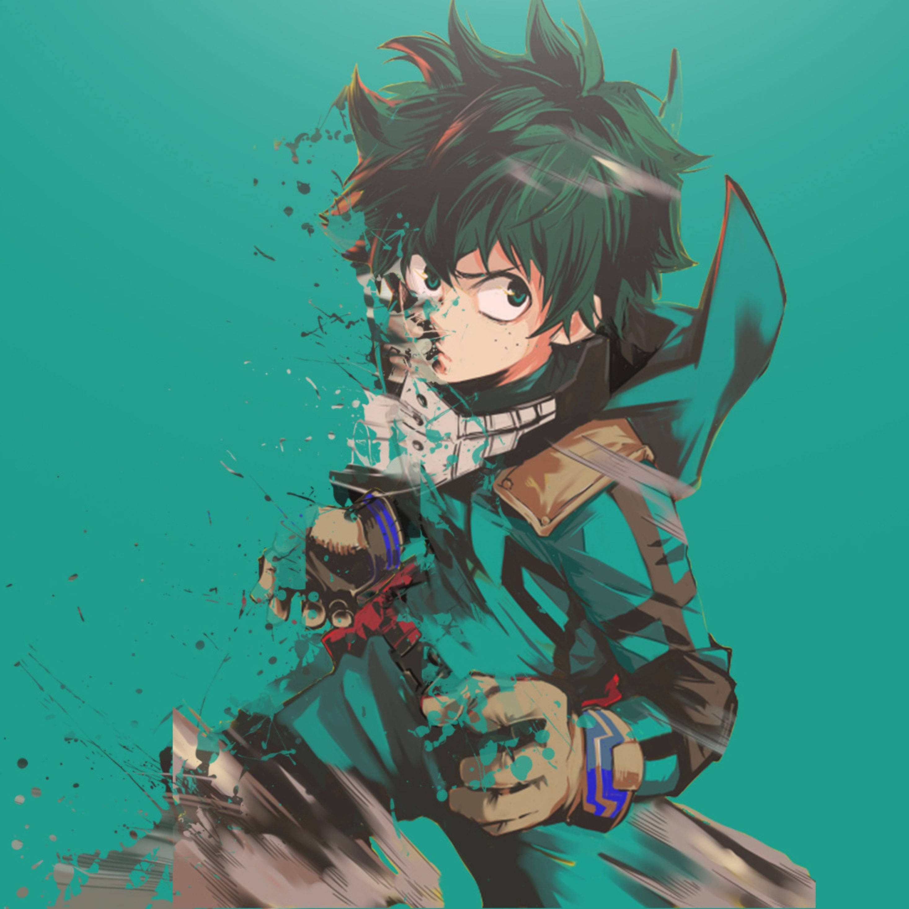 Todobakudeku 桌布 壁紙 — 一個充滿動感的動漫英雄，擁有尖刺的綠色頭髮和堅定的眼神，在帶有油漆飛濺的藍綠色背景上向前衝刺。