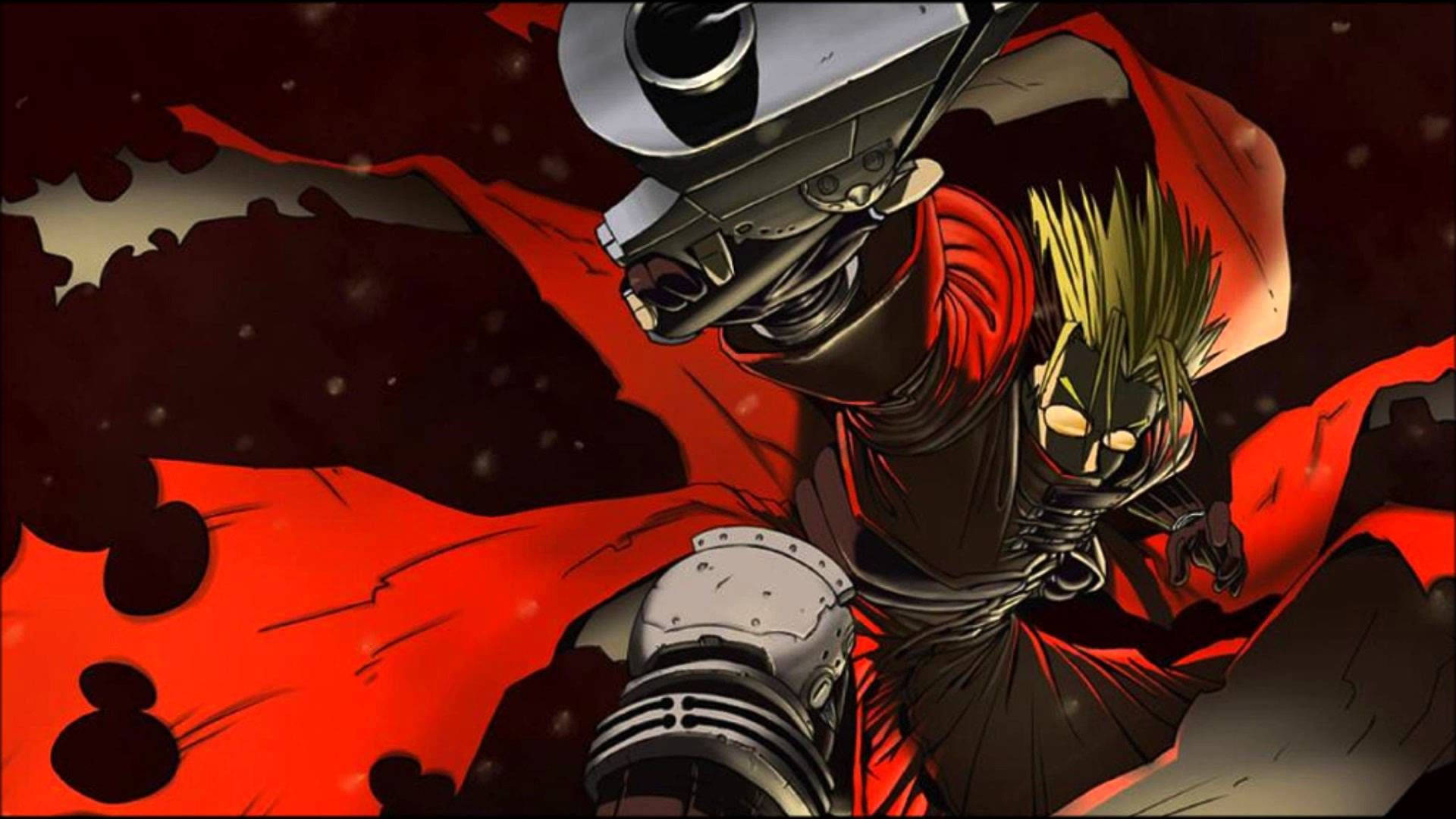 Trigun 桌布 壁紙 — 一個充滿動感的動漫英雄，有著尖刺金髮和紅色斗篷，在黑暗背景下以戲劇性的戰鬥姿勢向前衝刺。