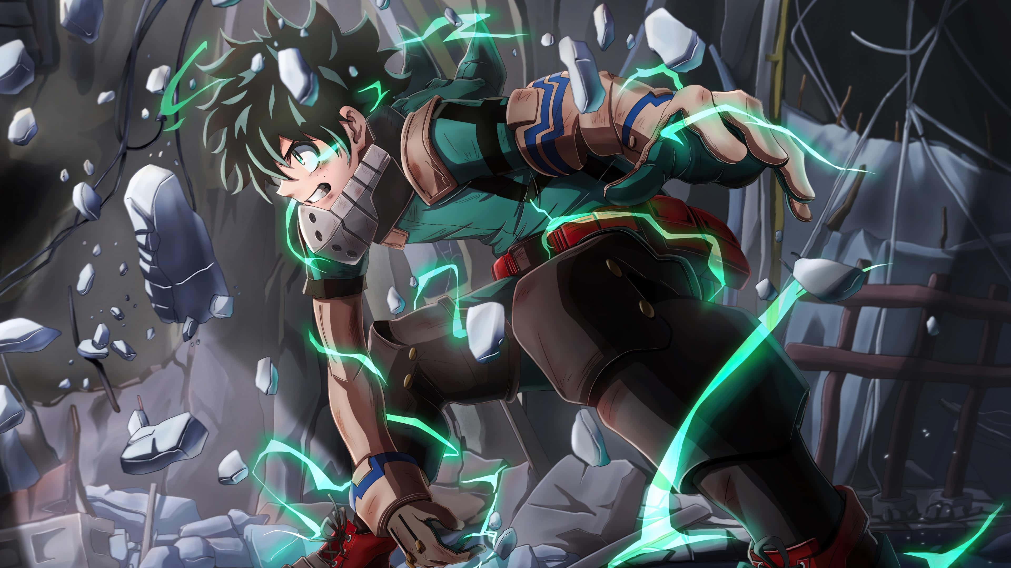 Dark Deku 桌布 壁紙 — 一個充滿動感的動漫英雄，綠色能量在他周圍劈啪作響，他擊穿破碎城市環境中的瓦礫。