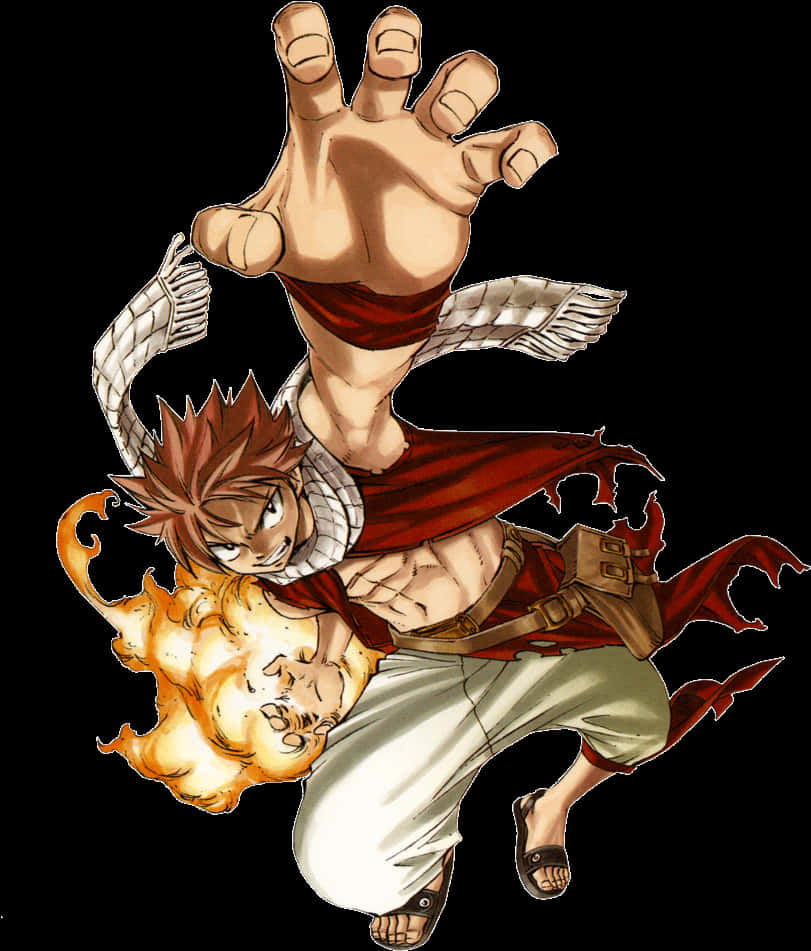 Natsu 桌布 壁紙 — 一個充滿動感的動漫角色，擁有刺蝟般的棕色頭髮和紅色圍巾，向前跳躍，身旁有火焰爆炸，一隻巨手從上方伸下。