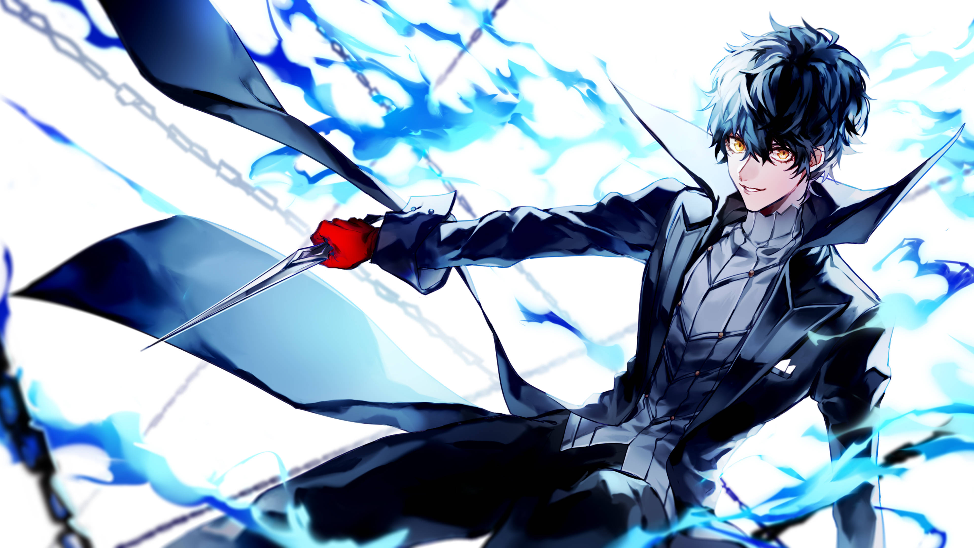 persona 5 4K 桌布 壁紙 — 一個充滿動感的動漫角色，擁有尖刺黑髮和發光的琥珀色眼睛，在旋轉的鎖鏈和能量中揮舞著發光的藍色劍。
