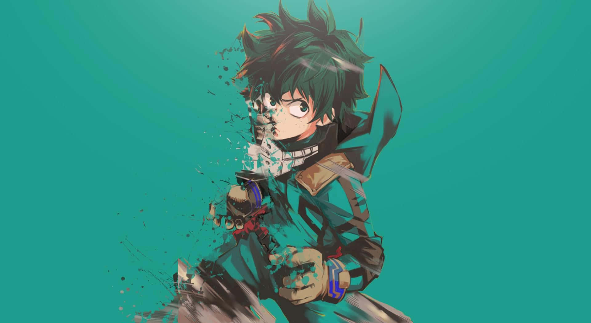 Dark Deku 桌布 壁紙 — 一個充滿動感的動漫角色，擁有尖刺的綠色頭髮和堅定的表情，在藍綠色漸變背景上向前衝刺。