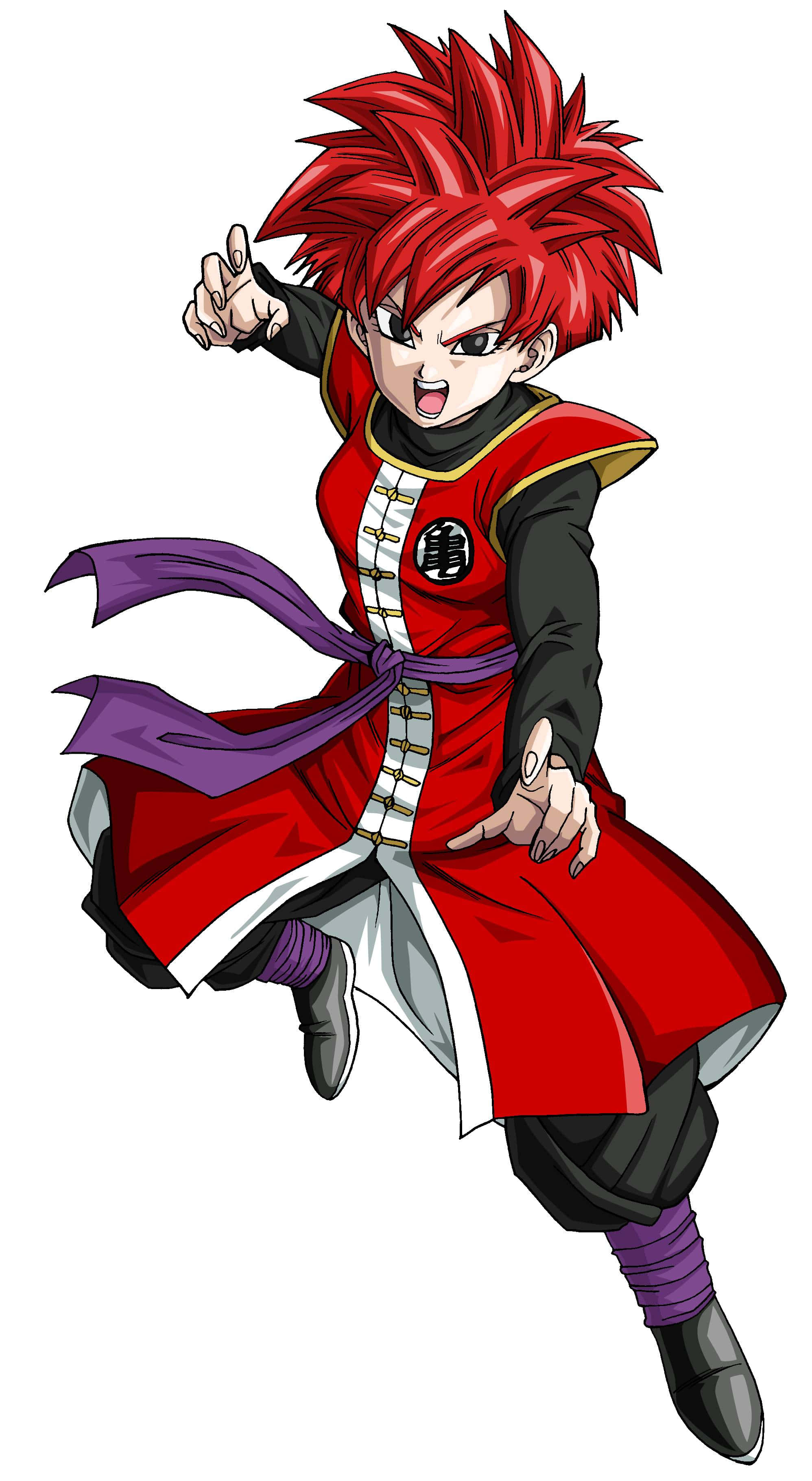 Dragon Ball Characters 桌布 壁紙 — 一個充滿動感的動漫角色，擁有尖刺的紅色頭髮和紅黑相間的服裝，以侵略性的姿勢向前躍進。