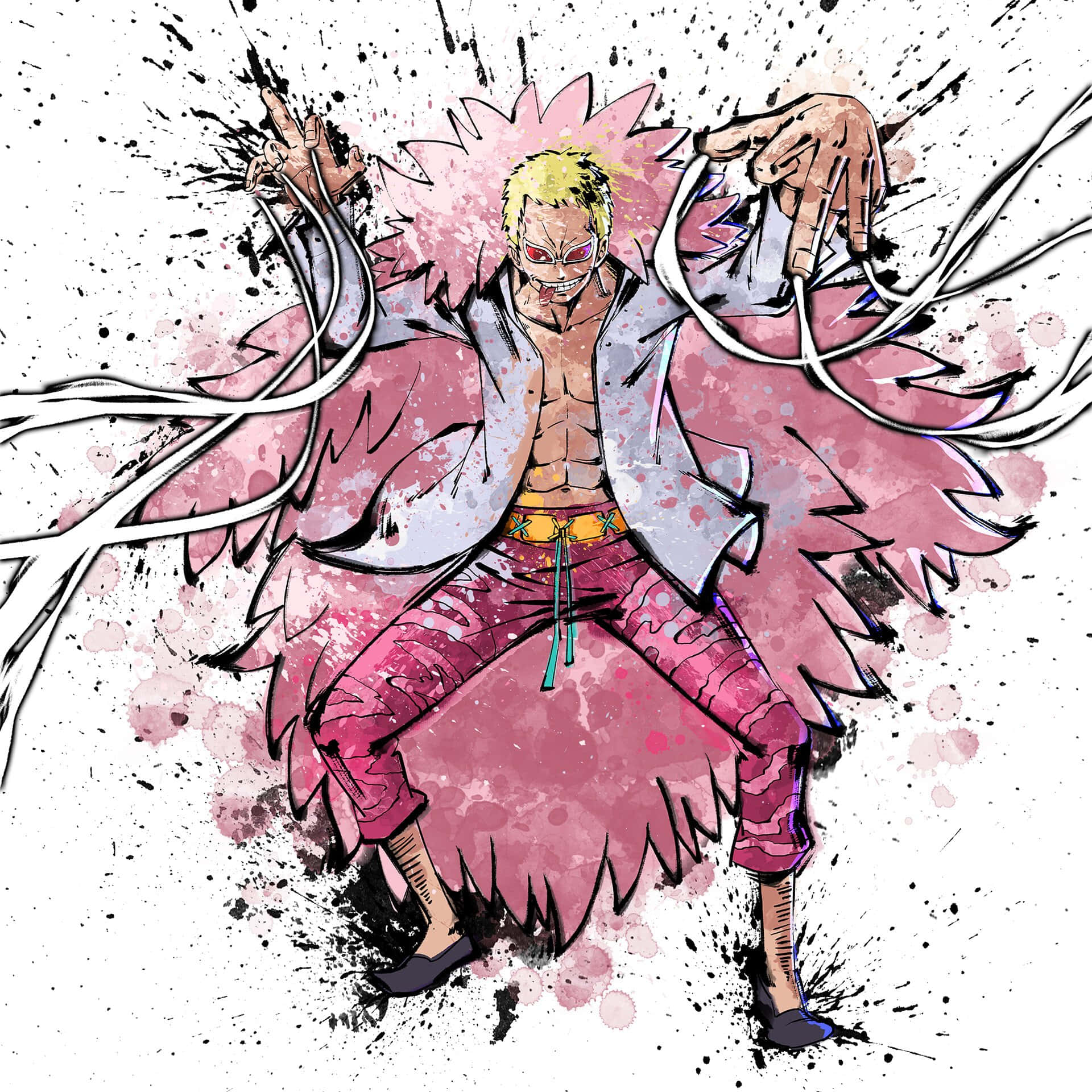 Donquixote Doflamingo 桌布 壁紙 — 一個充滿動感的動漫角色，擁有尖刺金髮和紅色眼睛，在粉紅色和黑色飛濺背景中擺出強有力的姿勢。