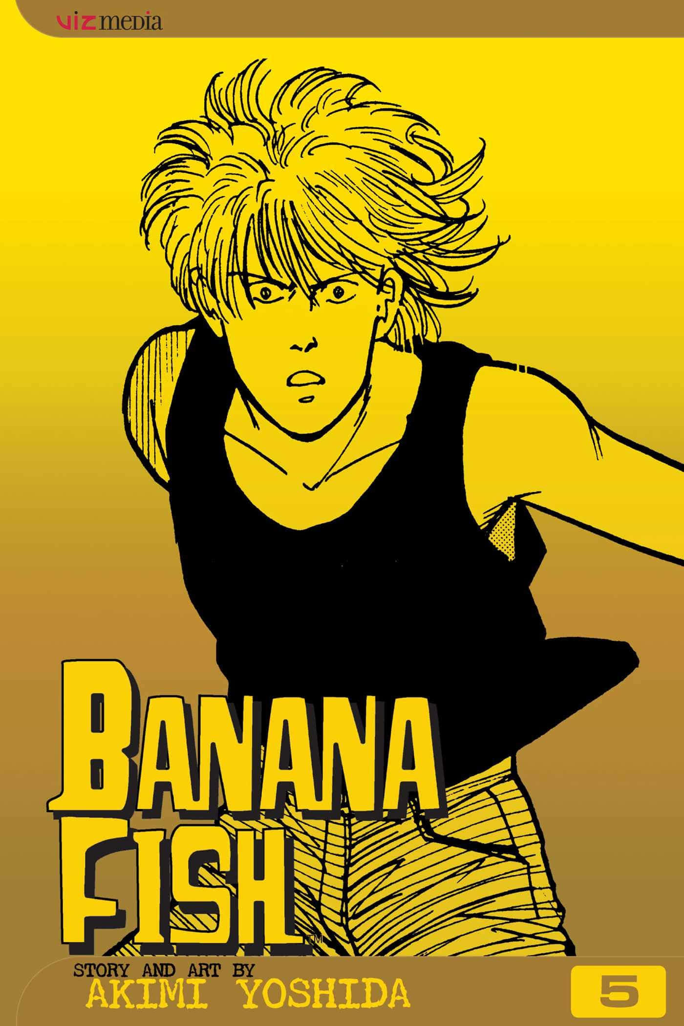 Banana Fish 桌布 壁紙 — 一個充滿動感的動漫角色，擁有尖刺金髮和銳利的眼神，在鮮明的黃色漸變背景前凝視前方。