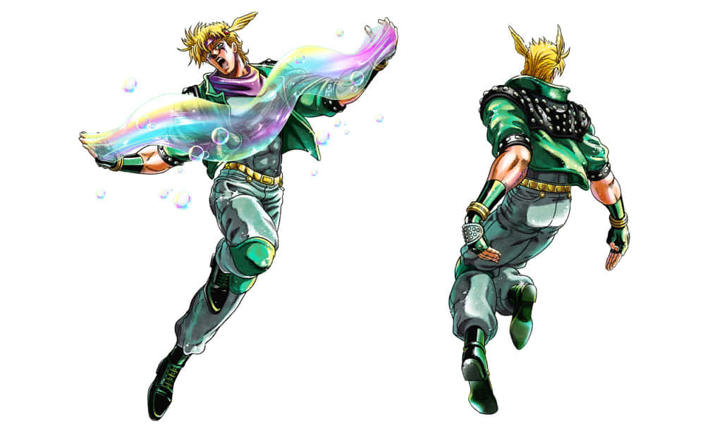 Caesar Anthonio Zeppeli 桌布 壁紙 — 一個充滿動感的動漫角色，擁有尖刺金髮和綠色服裝，向前躍進，身後留下一道鮮豔的彩虹能量光環和漂浮的泡泡。