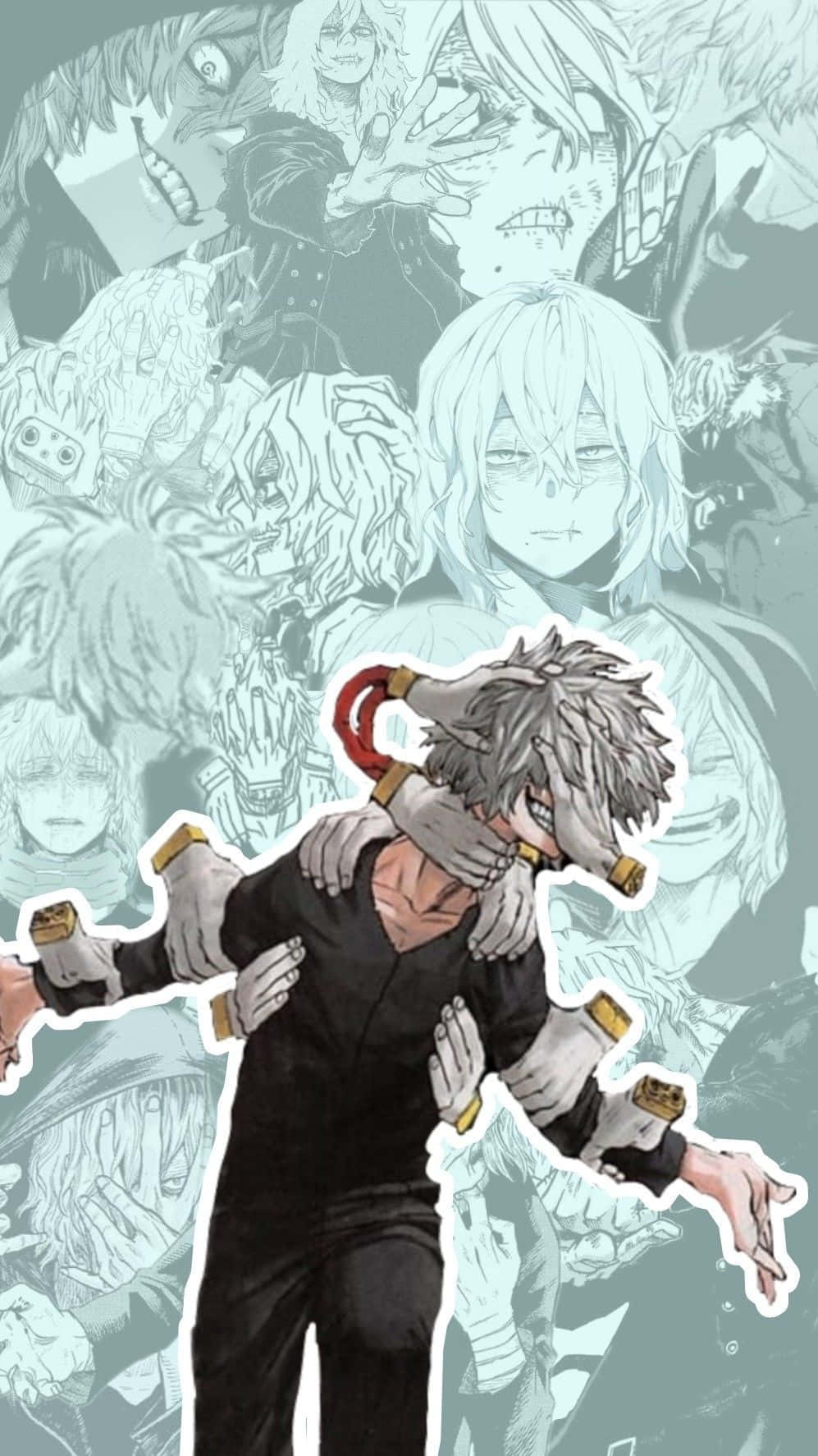 動漫男孩 桌布 壁紙 — 一個充滿動感的動漫角色，擁有尖刺頭髮和紅色羽毛，被鬼影般的形象包圍在單色背景中。