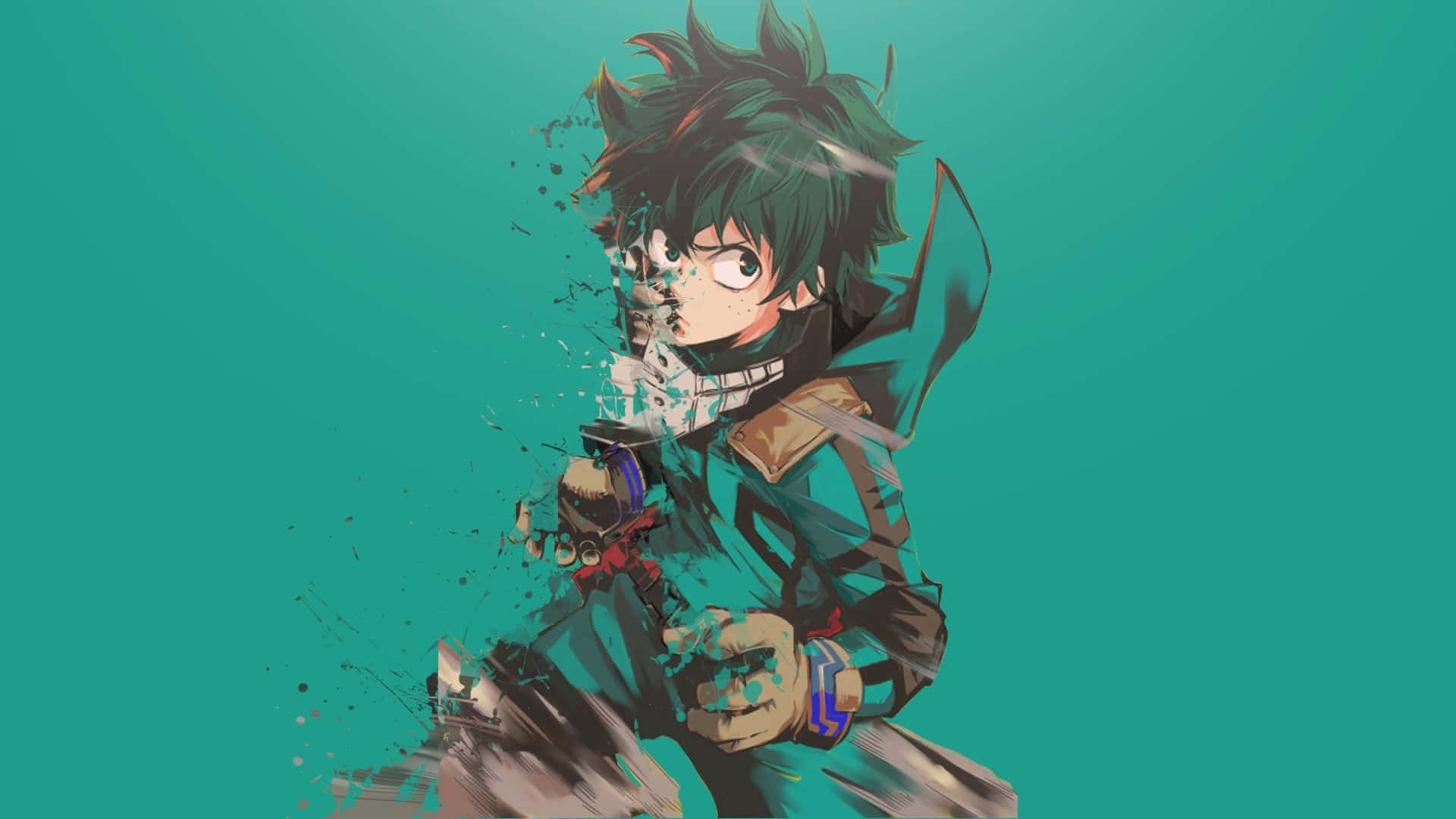 Green Anime 桌布 壁紙 — 一個充滿動感的動漫角色，擁有尖刺的綠色頭髮和堅定的表情，在帶有顏料飛濺效果的青綠色背景上向前衝刺。