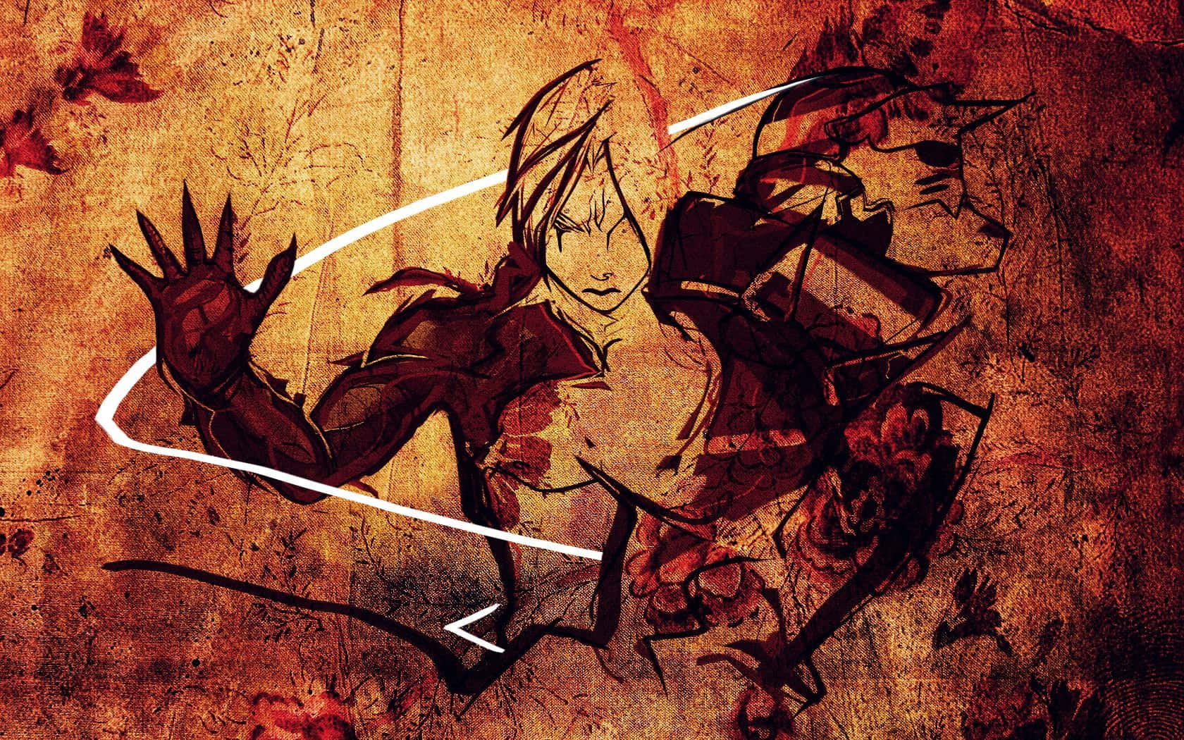 Fullmetal Alchemist 桌布 壁紙 — 一個充滿動感的動漫角色，擁有尖刺頭髮和爪子，在帶有白色運動線條的紋理鏽色背景上向前猛撲。