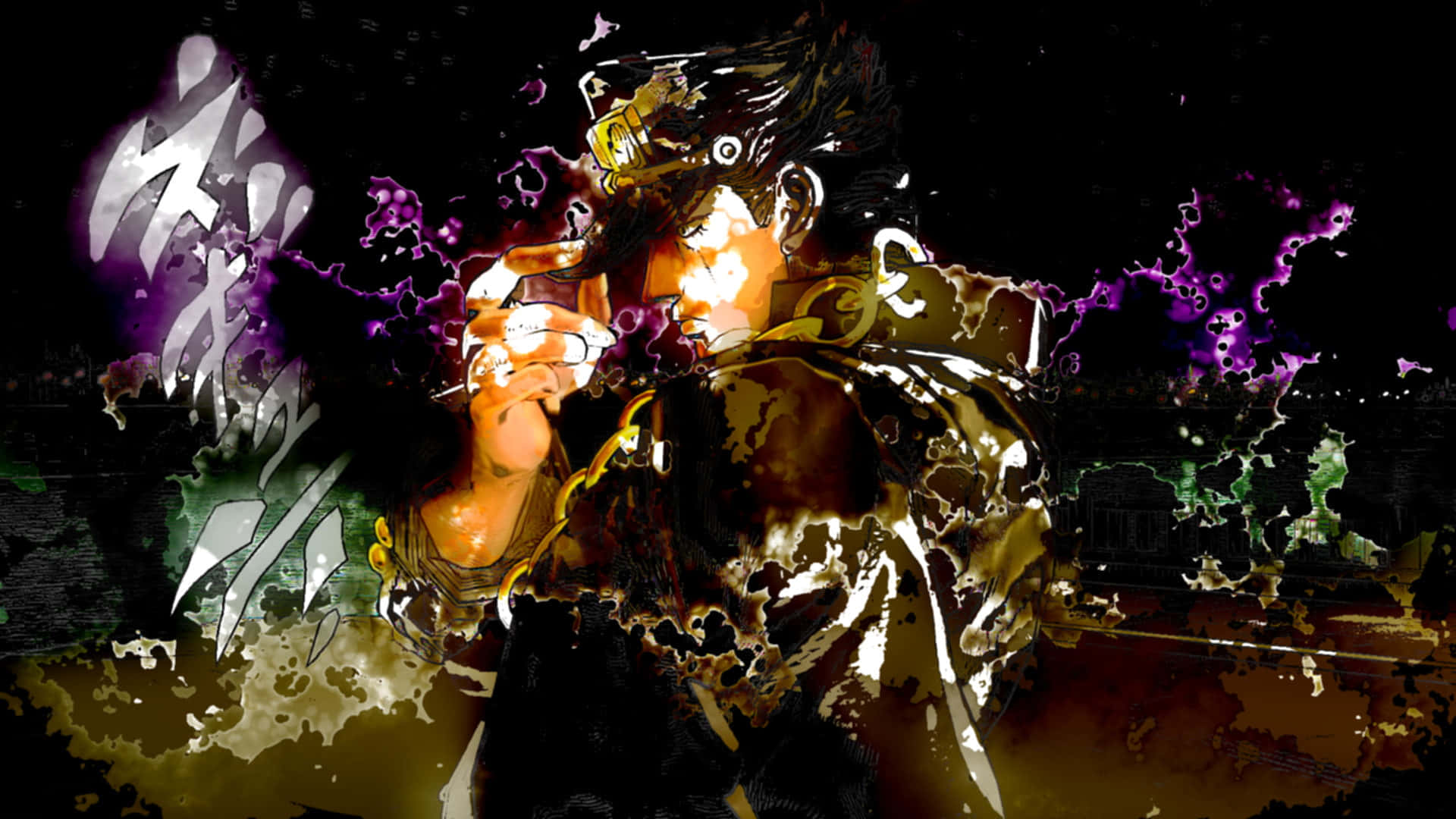 Jotaro Kujo 桌布 壁紙 — 一個充滿動感的動漫角色，擁有尖刺頭髮和發光的眼睛，在黑暗背景下釋放出紫色能量爆炸。