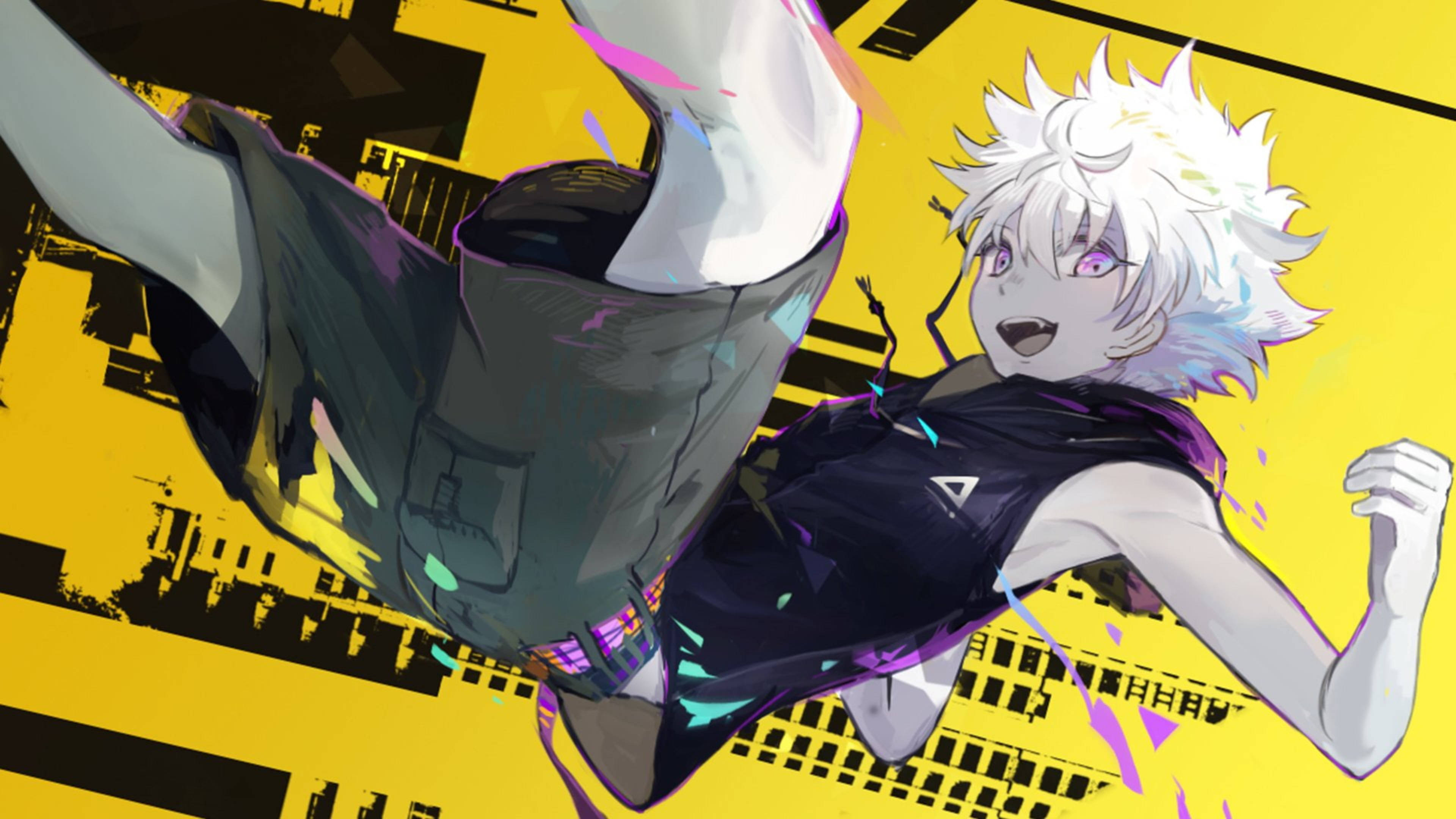 killua 4K 桌布 壁紙 — 一個充滿動感的動漫角色，擁有尖刺的白髮和紫色眼睛，在鮮明的黃色和黑色抽象背景上半空躍起。