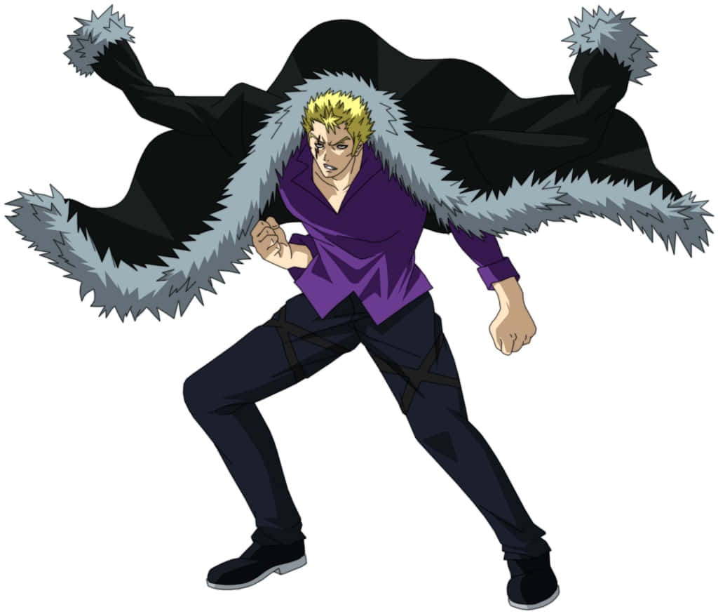Laxus Dreyar 桌布 壁紙 — 一個充滿動感的動漫角色，擁有尖刺金髮和黑色毛皮襯裡斗篷，擺出強力的戰鬥姿勢。