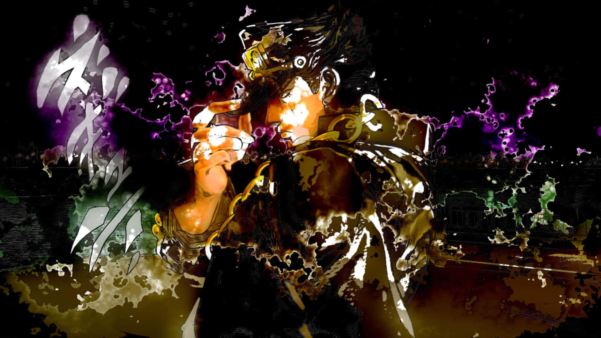 Jotaro 桌布 壁紙 — 一個充滿動感的動漫角色，擁有尖刺頭髮和發光的眼睛，在黑暗、風格化的戰鬥場景中釋放出紫色能量。