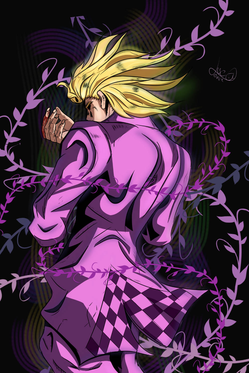 Giorno 桌布 壁紙 — 一個充滿動感的動漫角色，擁有尖刺金髮和紫色格紋外套，站在黑暗背景中旋轉的紫色藤蔓之間。