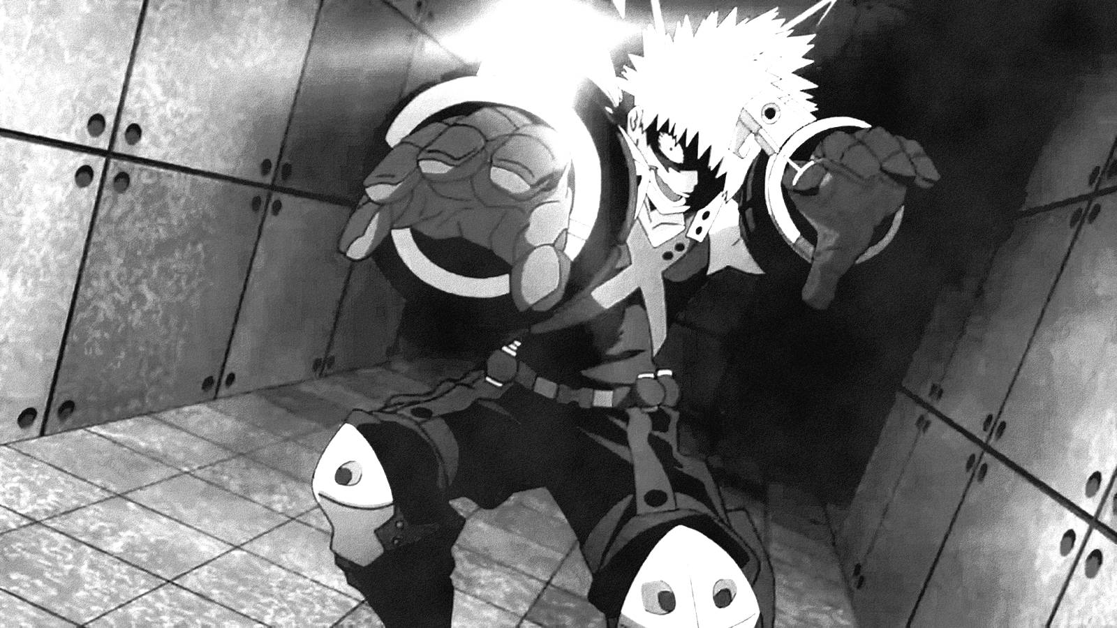 Bakugo 桌布 壁紙 — 一個充滿動感的動漫角色，擁有尖刺頭髮和發光環圈，在簡樸的瓷磚房間中引導力量。