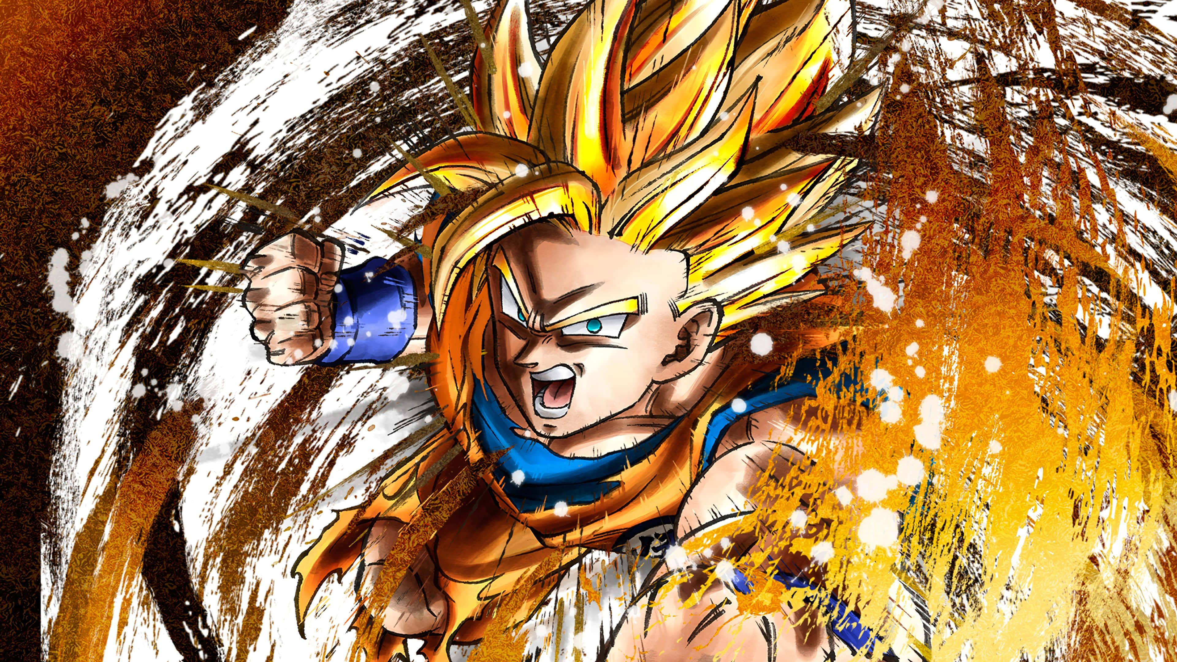 Dragon Ball Fighterz 桌布 壁紙 — 一個充滿動感的動漫角色，擁有尖刺的金色頭髮和藍色盔甲，在旋轉的橙色和白色背景前咆哮前進。