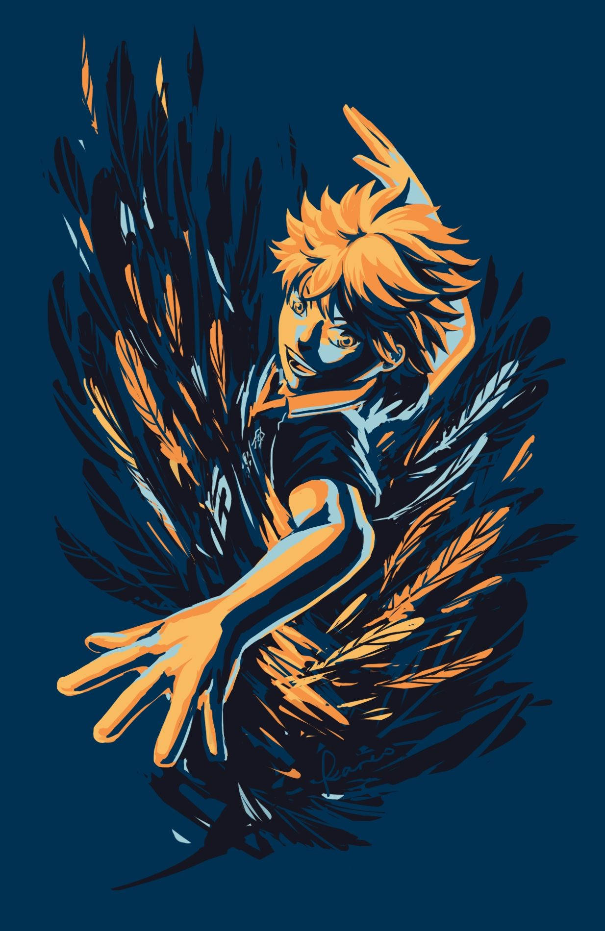 Hinata Shouyou 桌布 壁紙 — 一個充滿動感的動漫角色，擁有尖刺的橙色頭髮和發光的眼睛，在深藍色背景上被旋轉的橙色和黑色羽毛包圍著向前衝刺。