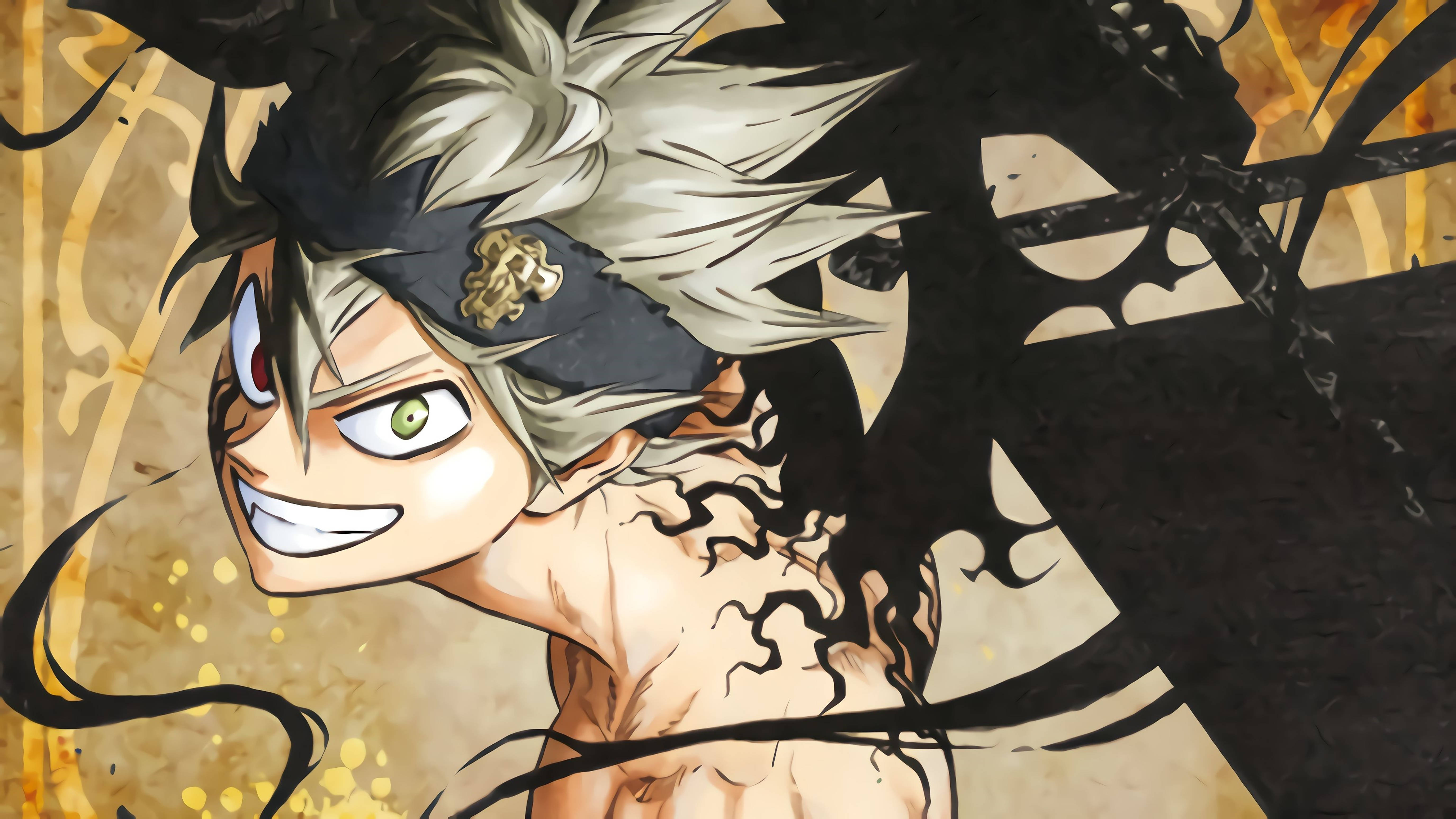 Black Clover Anime 桌布 壁紙 — 一個充滿動感的動漫角色，擁有尖刺銀髮和綠色眼睛，在金色紋理背景上兇狠地咧嘴笑。