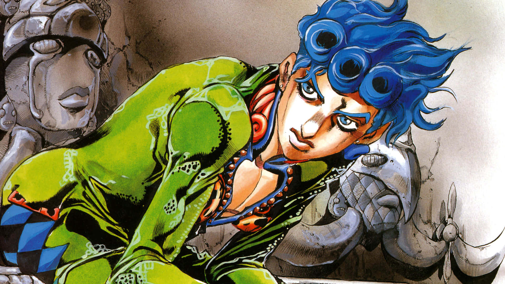 Jjba 桌布 壁紙 — 一個充滿動感的動漫角色，擁有尖刺的藍色頭髮和綠色服裝，在石像背景下以強烈的表情向前傾。