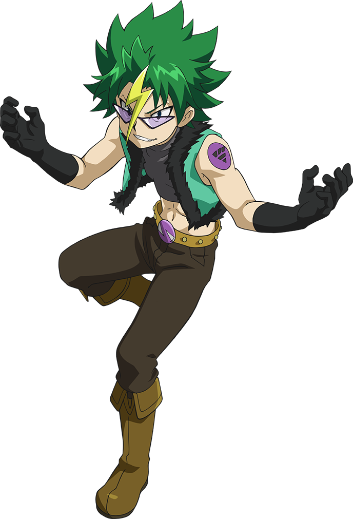 Beyblade 桌布 壁紙 — 一個充滿動感的動漫角色，擁有尖刺的綠色頭髮和紫色眼睛，在黑色背景前擺出強而有力的姿勢。