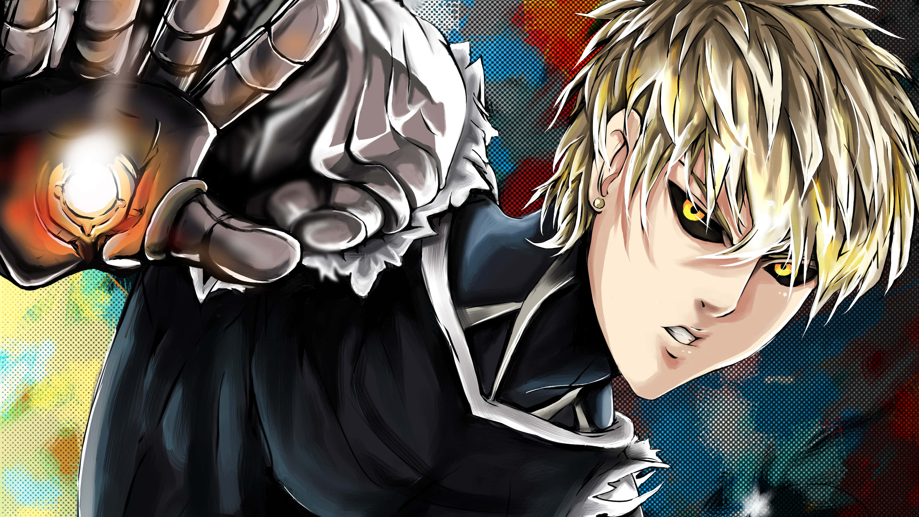 Genos 桌布 壁紙 — 一個充滿動感的動漫角色，擁有尖刺金髮和發光的黃色眼睛，握緊拳頭釋放出火焰能量，背景是充滿活力的抽象圖案。