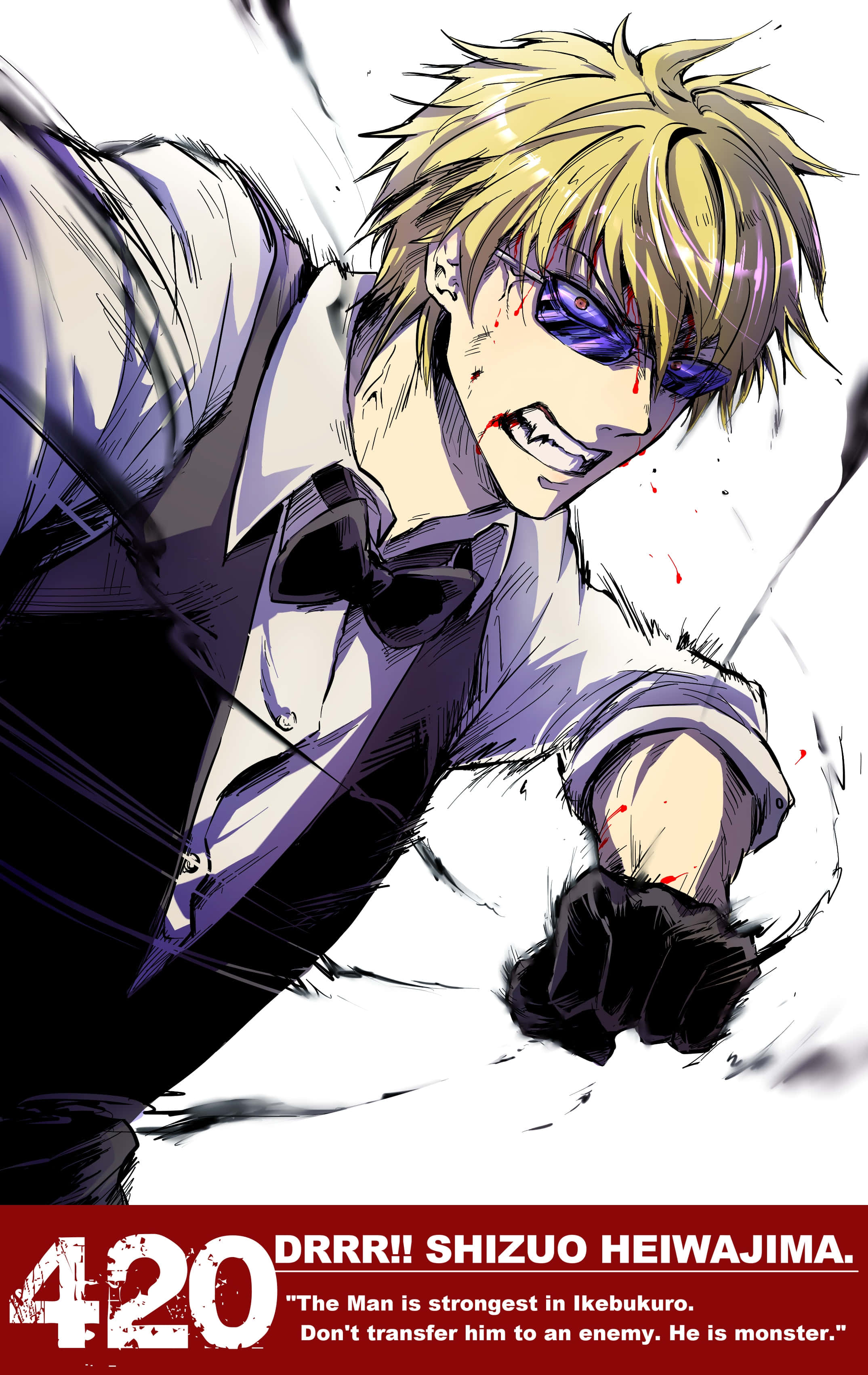 Shizuo Heiwajima 桌布 壁紙 — 一個充滿動感的動漫角色，擁有尖刺金髮和紫色眼睛，以兇猛的戰鬥姿勢向前衝刺，血跡濺在純白背景上。