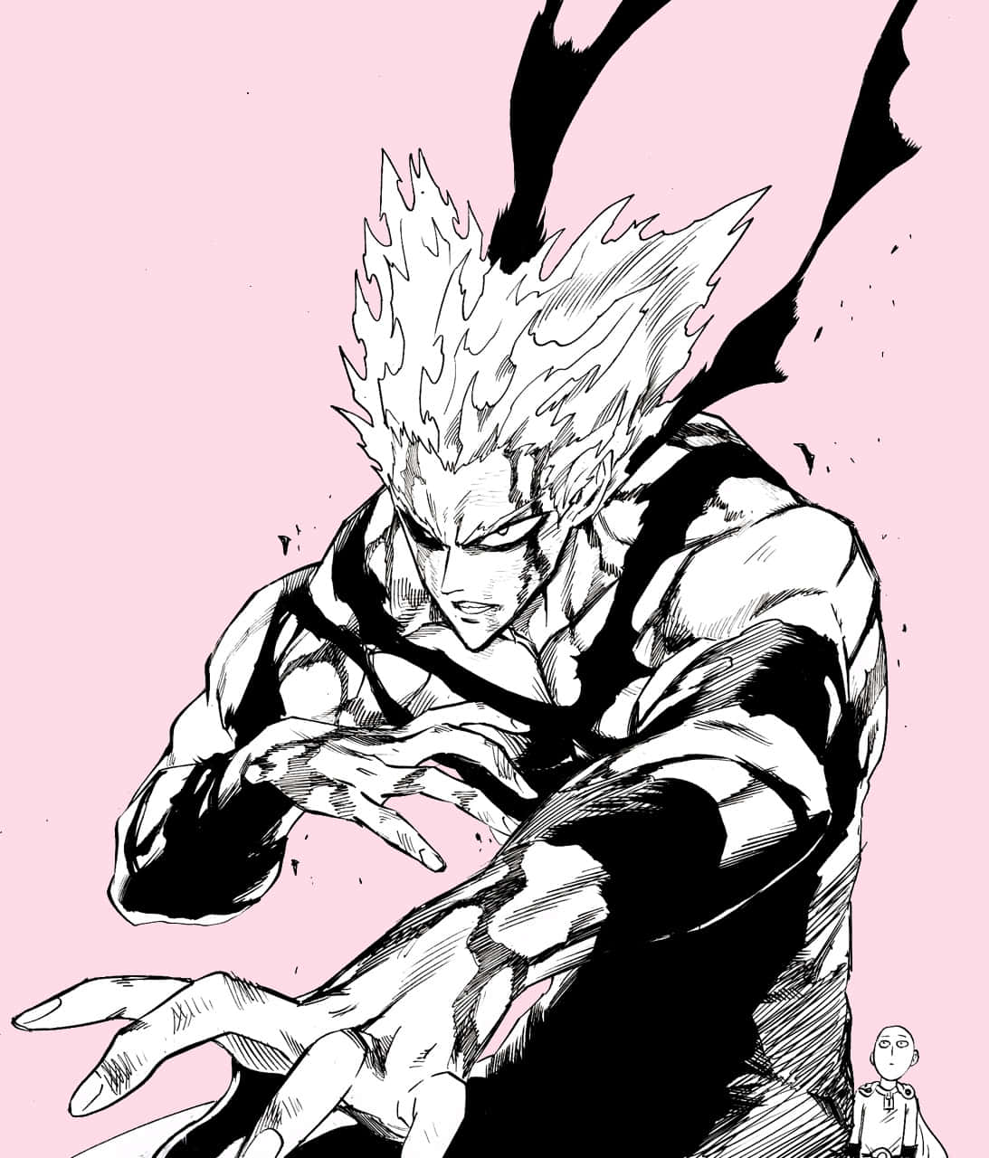 Garou 桌布 壁紙 — 一個充滿動感的動漫角色，擁有尖刺頭髮和強烈表情，在柔和的粉紅色背景前擺出強而有力的姿勢。