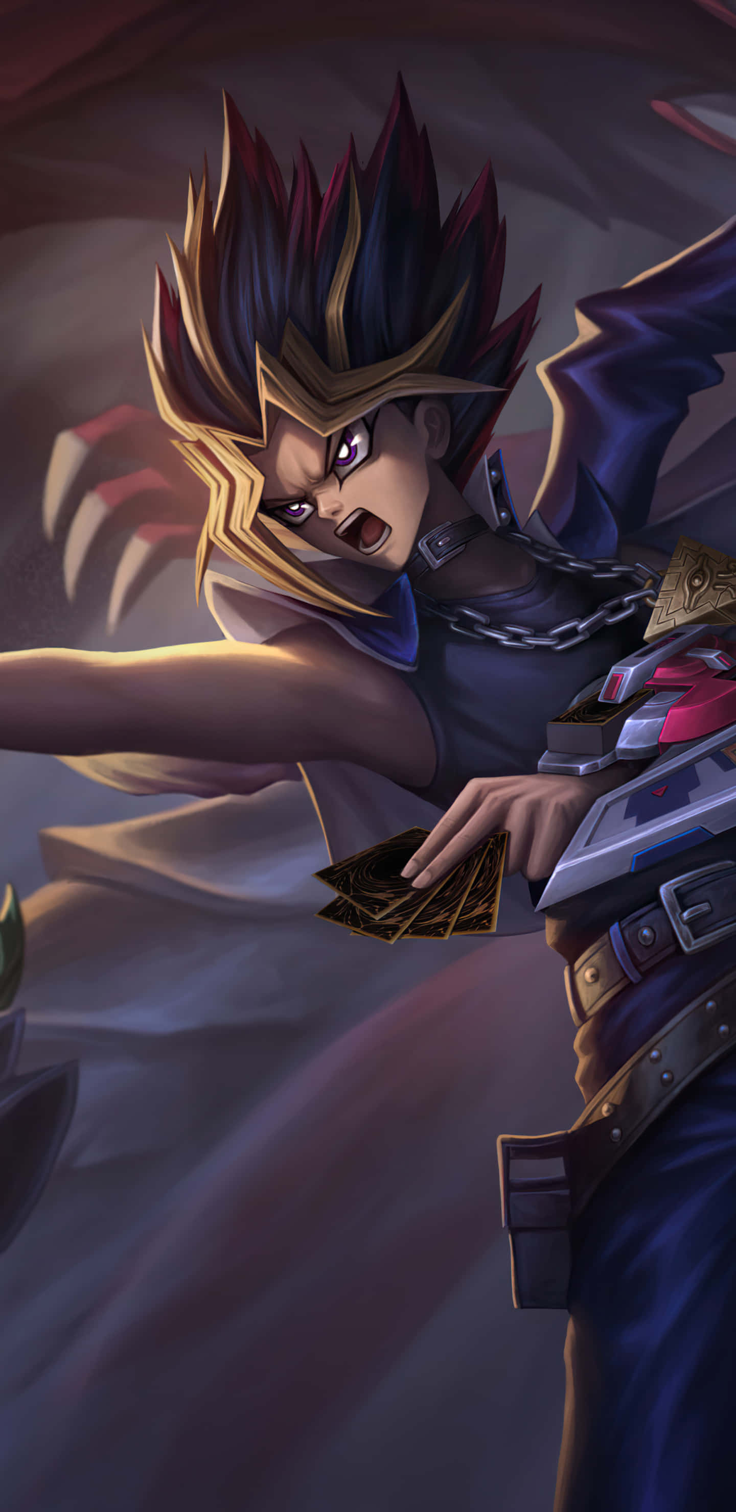 Yugioh 桌布 壁紙 — 一個充滿動感的動漫角色，擁有尖刺頭髮和發光的眼睛，手持卡牌以戲劇性的姿勢向前猛衝。
