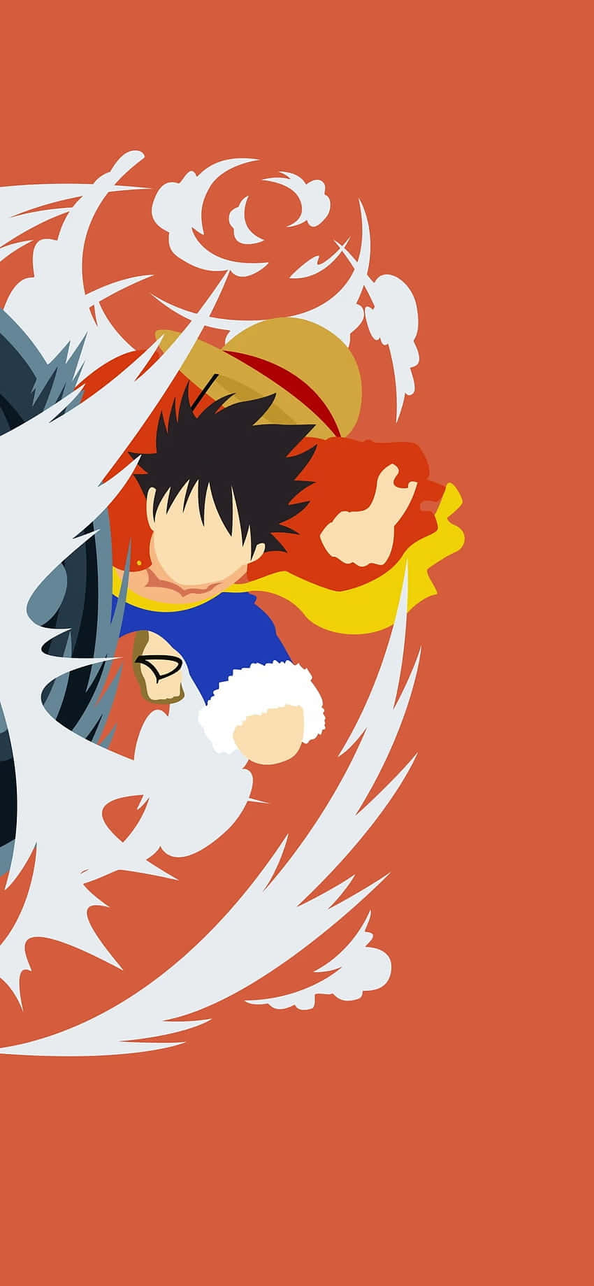 One Piece Anime 桌布 壁紙 — 一個充滿動感的動漫角色，擁有尖刺黑髮和藍色襯衫，在純橙色背景上擊穿旋轉的白色能量。