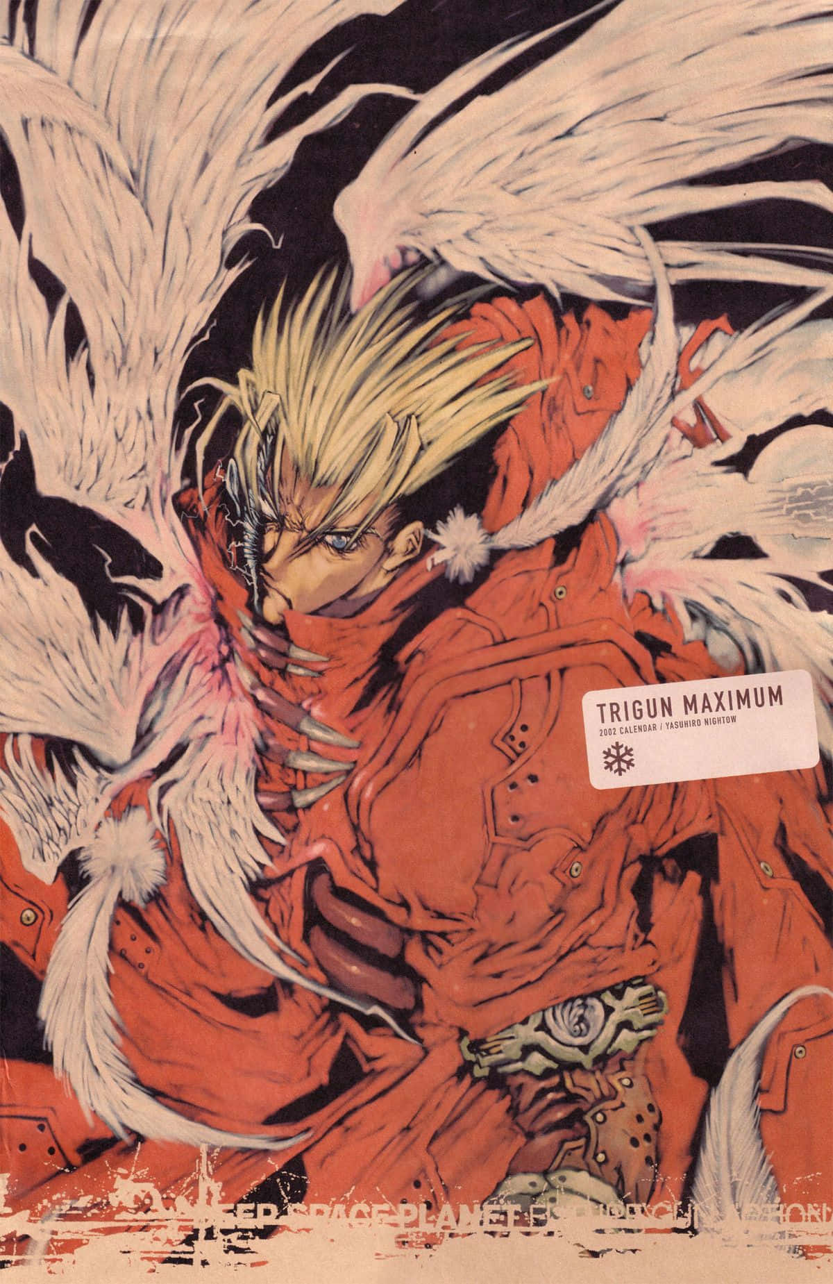 Trigun 桌布 壁紙 — 一個充滿動感的動漫角色，擁有尖刺金髮和白色羽毛翅膀，在深色背景前穿著紅色外套。