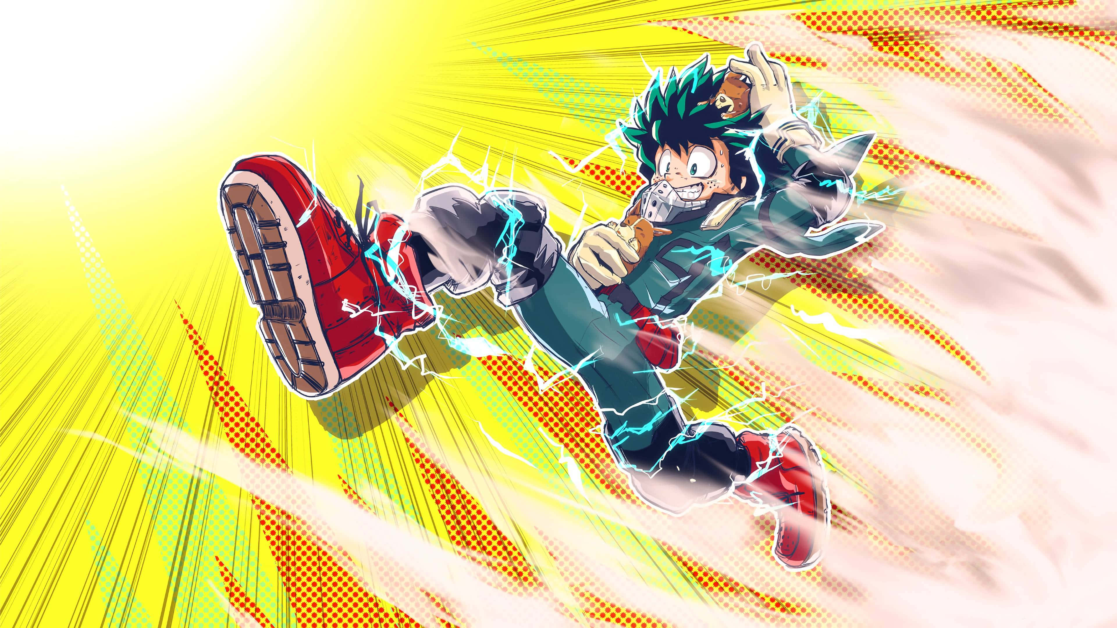 Dark Deku 桌布 壁紙 — 一個充滿動感的動漫角色，擁有尖刺的綠色頭髮，在黃色和橙色能量的爆發中向前躍進，藍色閃電在他周圍劈啪作響。