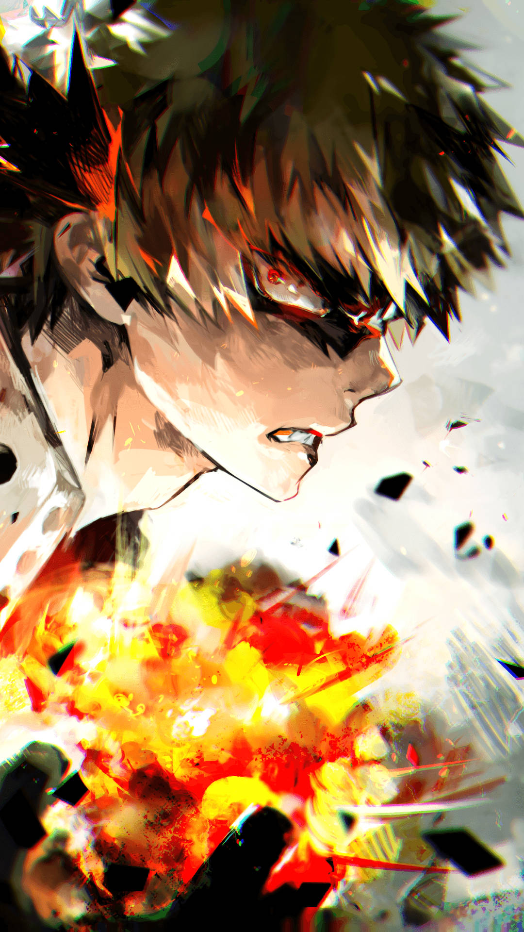 Bakugou 桌布 壁紙 — 一個充滿動感的動漫角色，擁有尖刺頭髮和紅色眼睛，在戲劇性的側面輪廓中釋放出火焰爆炸。
