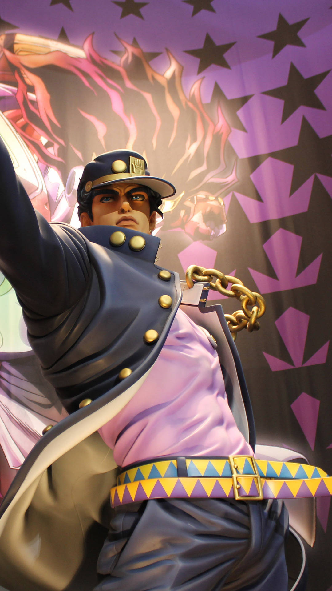 Jojo 桌布 壁紙 — 一個充滿動感的動漫角色，擁有火焰般的頭髮和星光點點的紫色背景，擺出強而有力的姿勢。