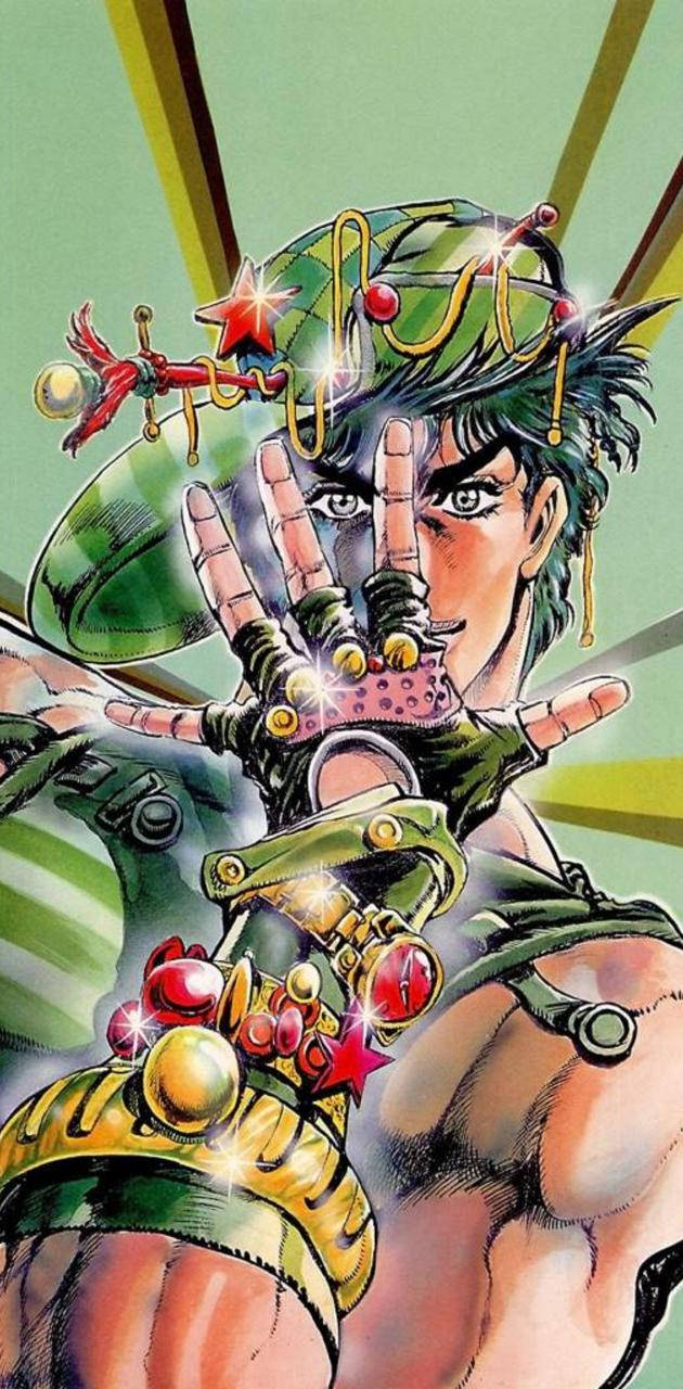 Jojo Phone 桌布 壁紙 — 一個充滿動感的動漫角色，擁有綠色頭髮和華麗裝備，在耀眼的綠色和黃色背景下舉起發光的手。