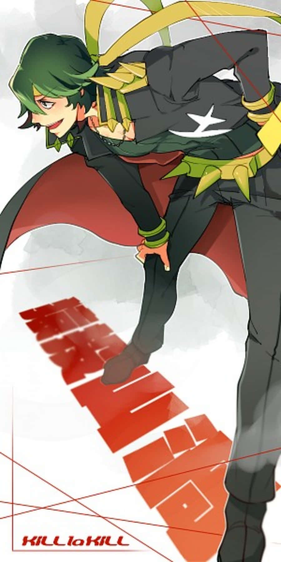Uzu Sanageyama 桌布 壁紙 — 一個充滿動感的動漫角色，擁有綠色頭髮和紅色斗篷，在帶有紅色幾何文字的白色背景上向前跳躍。