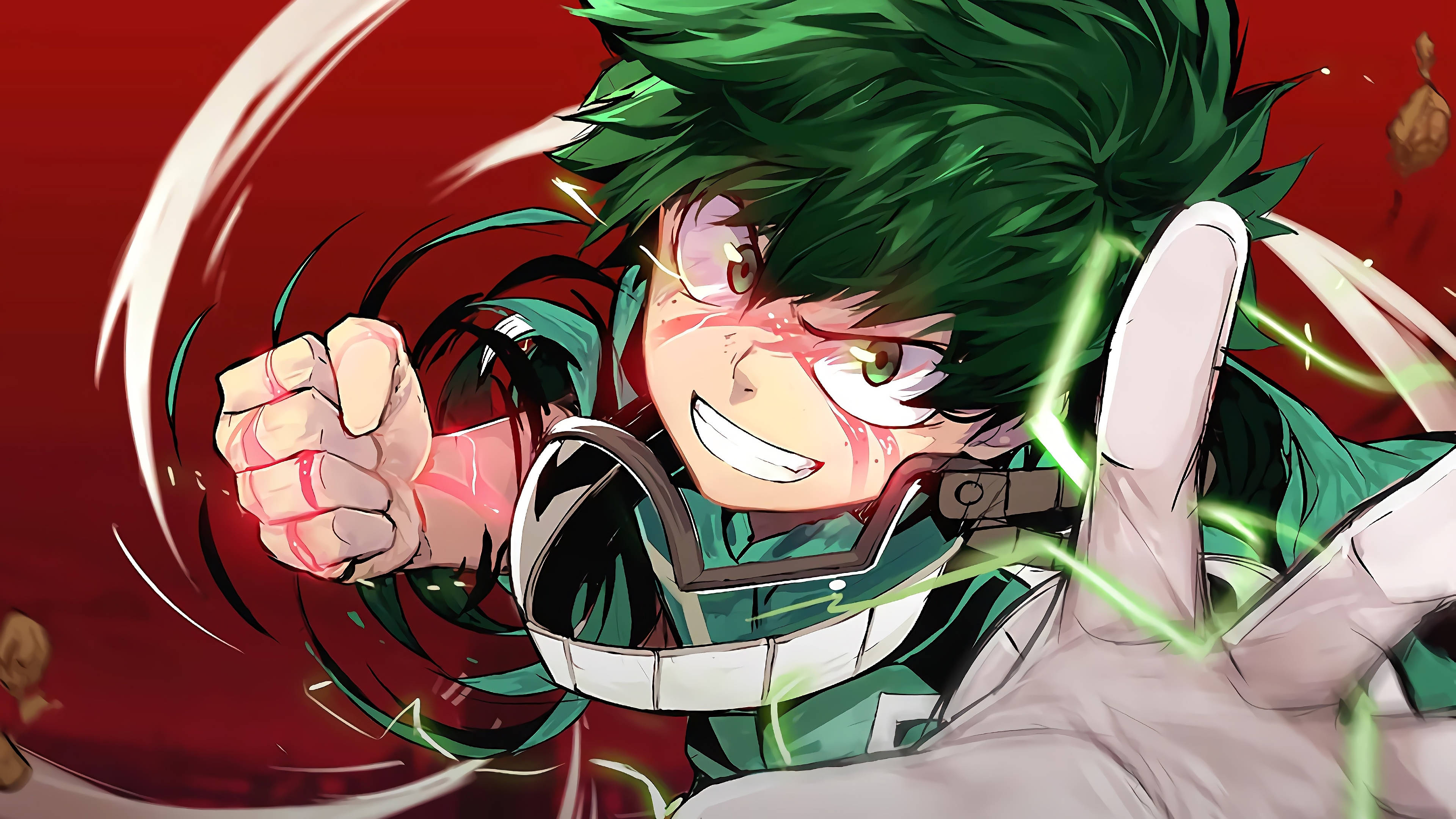 Villain 桌布 壁紙 — 一個充滿動感的動漫角色，擁有綠色頭髮和發光的眼睛，在旋轉的紅色背景上向前出拳。