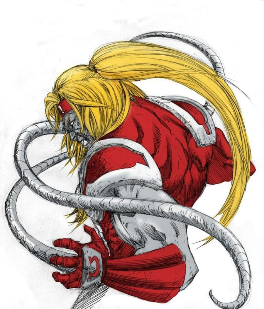 Omega Red 桌布 壁紙 — 一個充滿動感的動漫角色，擁有金色長髮和紅色盔甲，被粗大的銀色觸手纏繞。