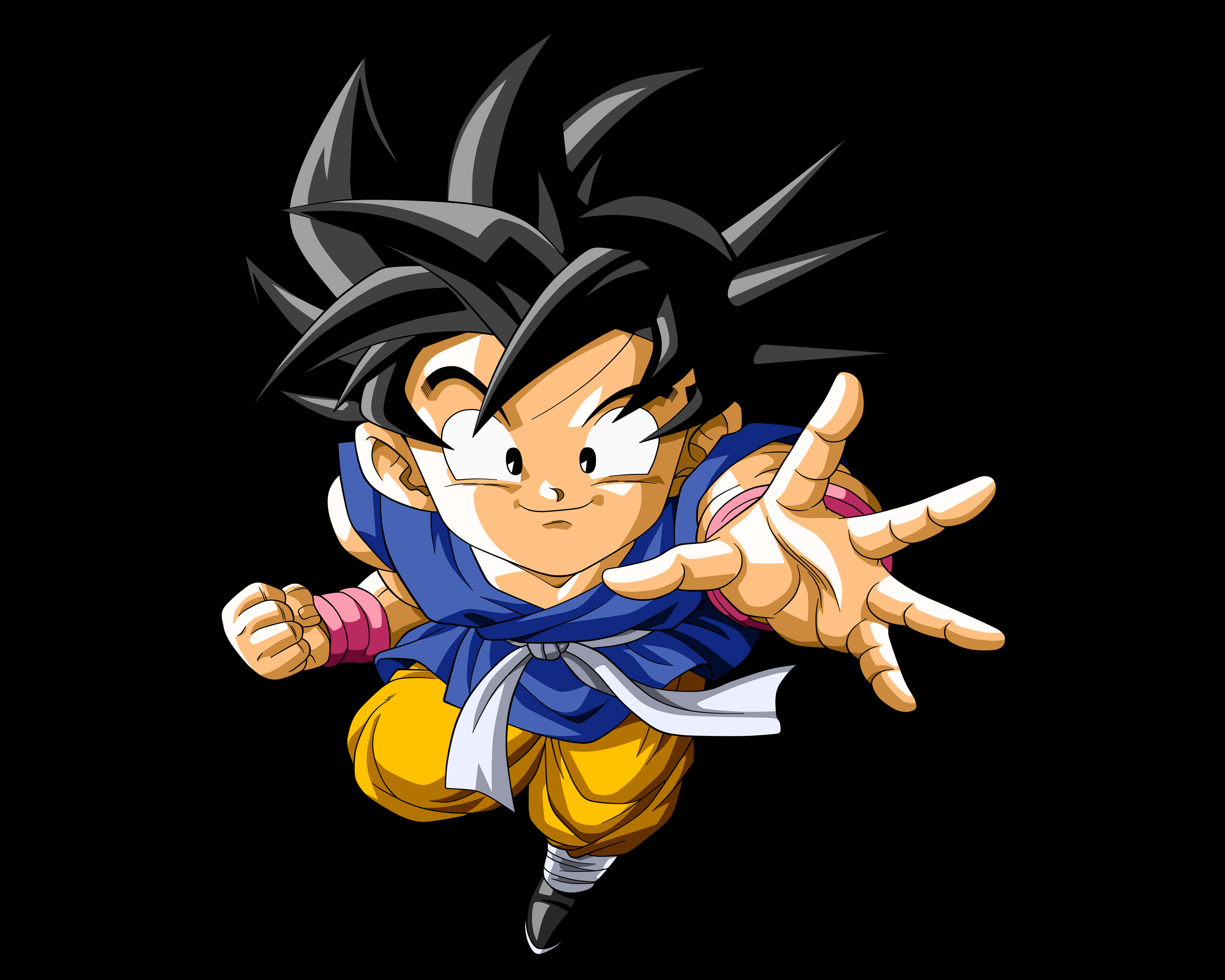 kid goku 桌布 壁紙 — 一個充滿動感的動漫角色，有著刺蝟般的黑色頭髮和堅定的表情，在純黑背景前向前躍進。