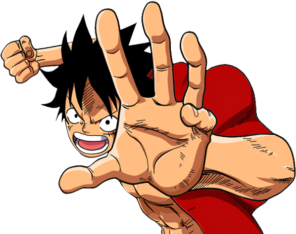 Luffy 桌布 壁紙 — 一個充滿動感的動漫角色，有著刺蝟般的黑髮和紅色外套，向前衝刺，一手高舉，另一手緊握拳頭，姿態堅定。