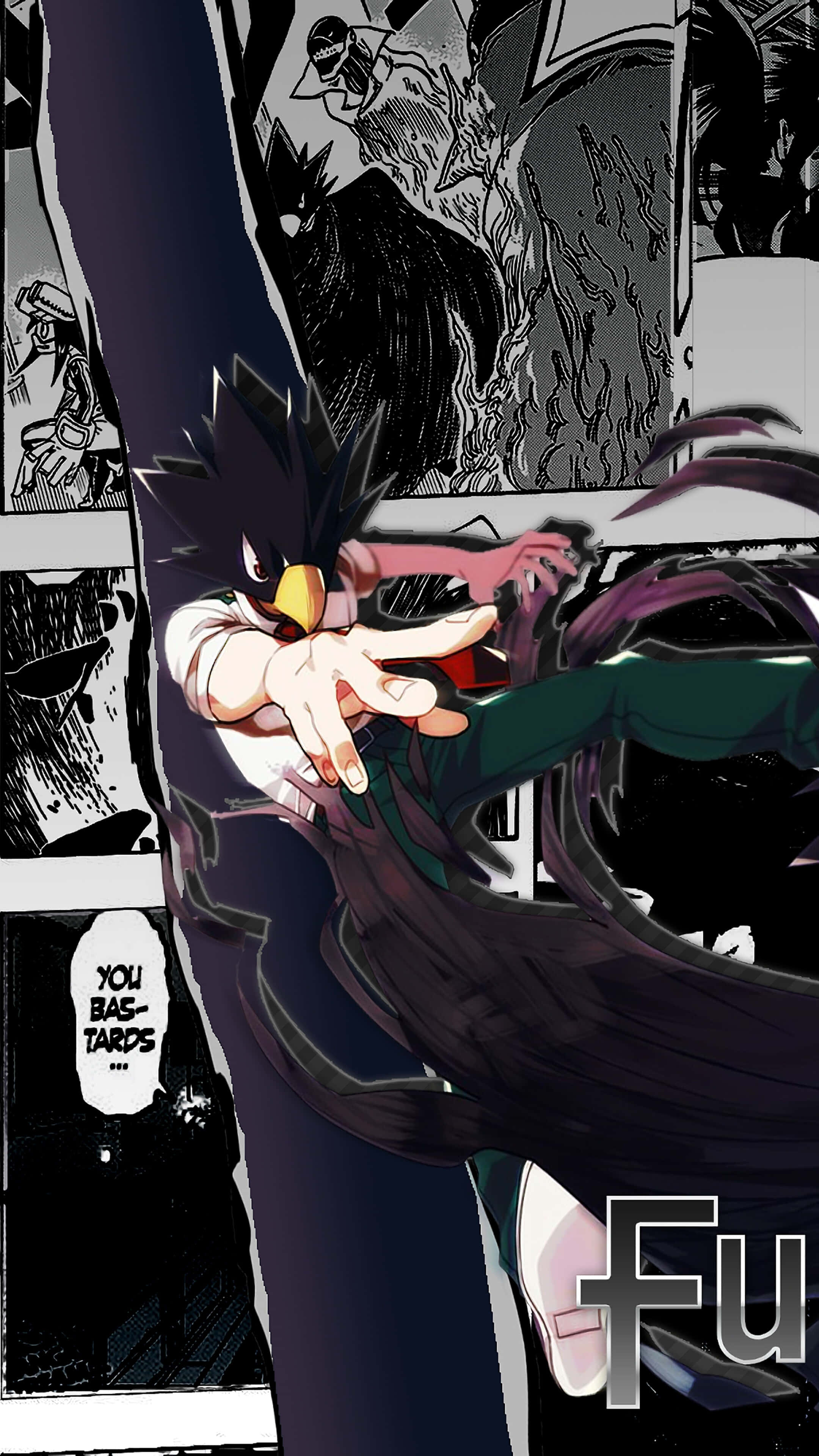Fumikage Tokoyami 桌布 壁紙 — 一個充滿動感的動漫角色，有著尖刺般的黑髮和黃色眼睛，在充滿動作和黑暗陰影的漫畫格中向前伸出手。