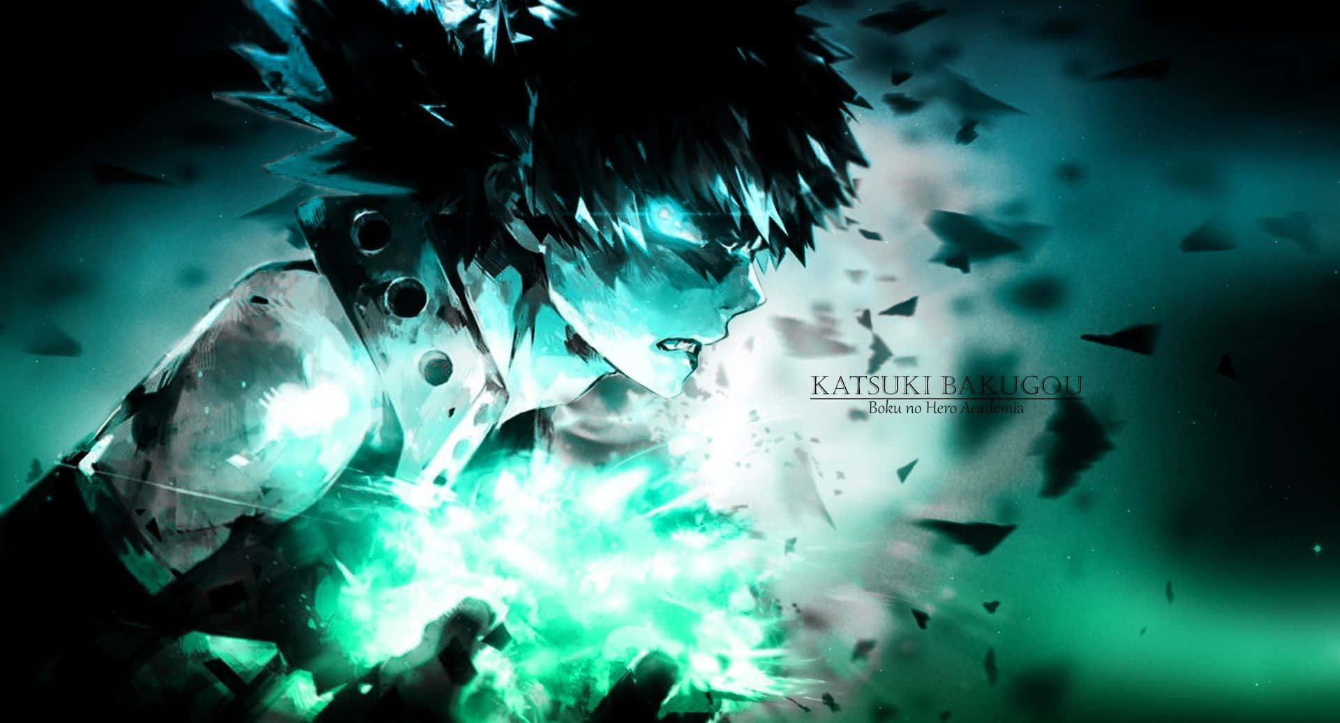 My Hero Academia Deku 桌布 壁紙 — 一個充滿動感的動漫角色，有著尖刺頭髮，在深藍綠色背景上釋放出發光的綠色能量，伴隨著破碎的碎片。
