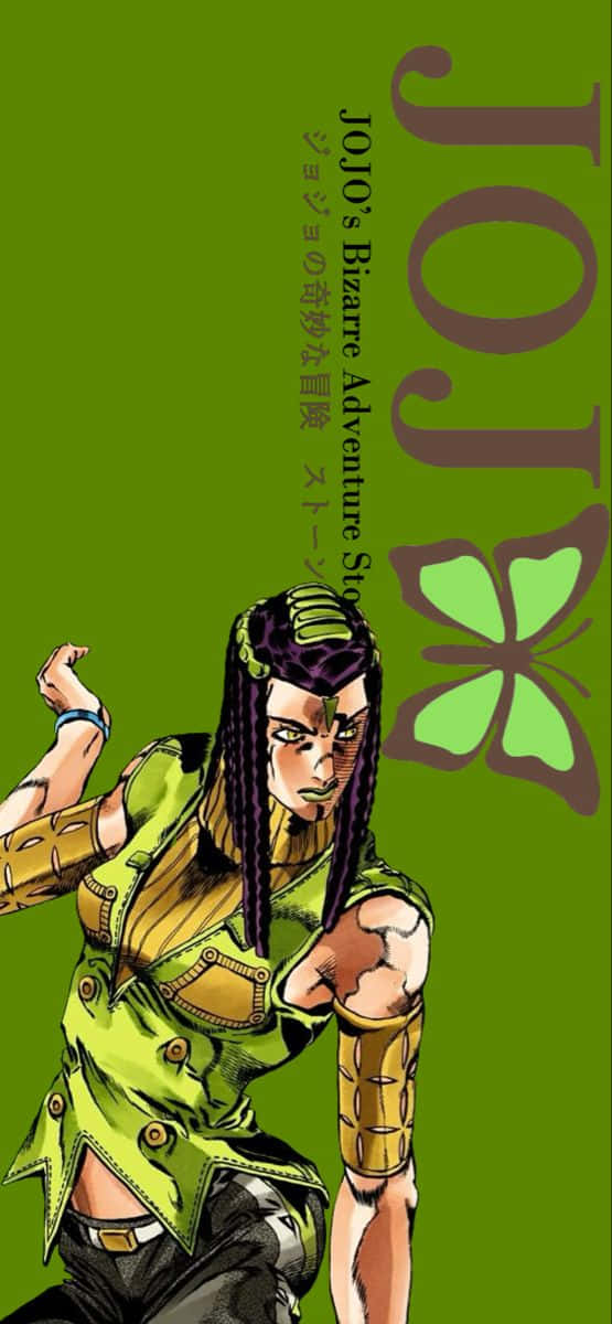 Ermes Costello 桌布 壁紙 — 一個充滿動感的動漫角色，梳著辮子，穿著綠色服裝，在純綠色背景前擺姿勢，背景上有「JOJO」文字和蝴蝶標誌。