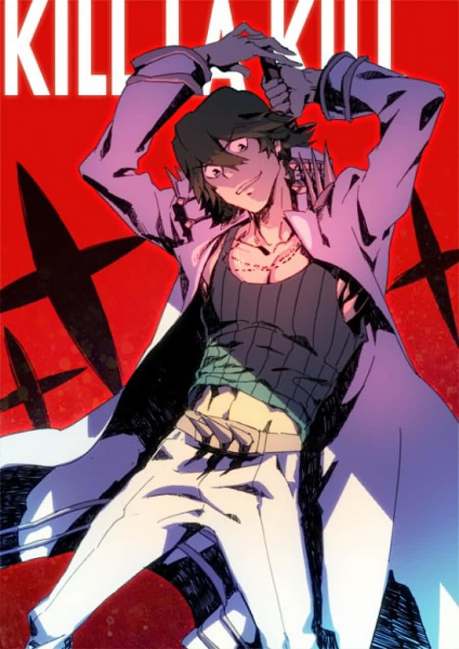Uzu Sanageyama 桌布 壁紙 — 一個充滿動感的動漫角色，深色頭髮，自信地微笑，在帶有黑色星星的醒目紅色背景前擺姿勢。