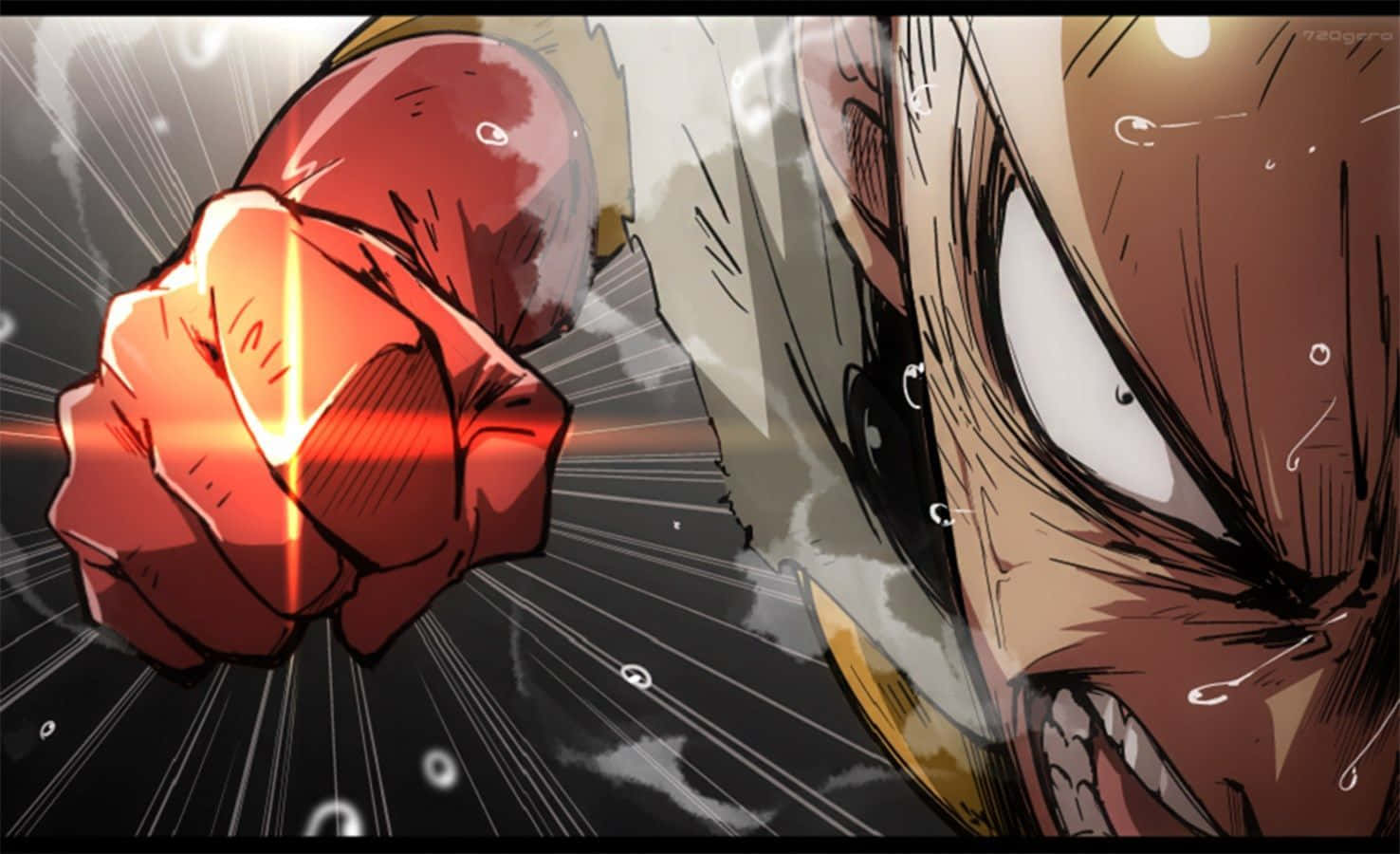 One Punch Man Season 2 桌布 壁紙 — 一個充滿動感的動漫角色，發光的紅色拳頭向前猛擊，伴隨著強烈的專注和從衝擊點輻射出的動作線條。