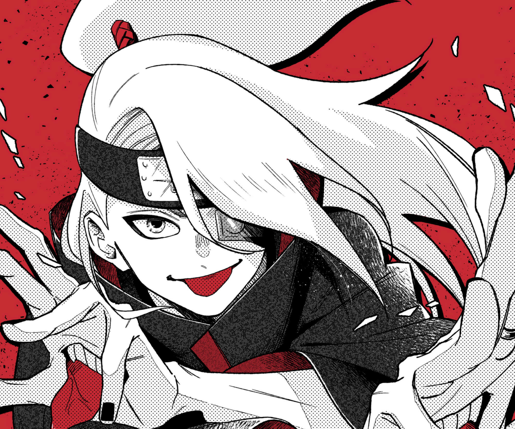 Akatsuki X Deidara 桌布 壁紙 — 一個充滿動感的動漫角色，白髮配紅色點綴，在帶有半色調紋理的醒目紅色背景前擺出自信姿勢。