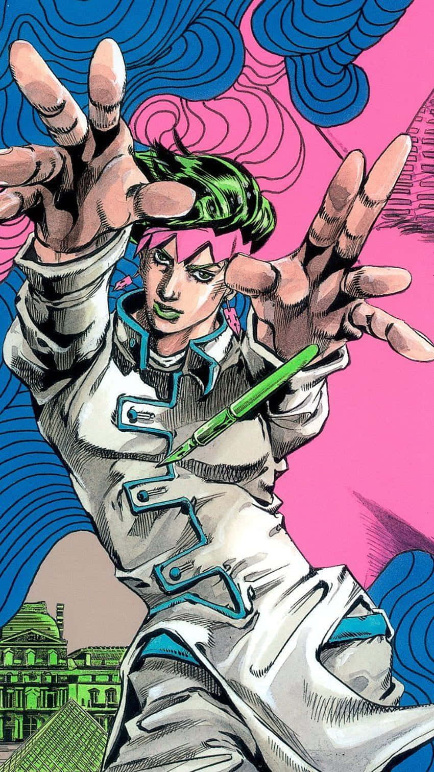 Jojo's Bizarre Adventure 桌布 壁紙 — 一個充滿動感的動漫角色，粉紅色頭髮和綠色眼睛，在旋轉的藍色和粉紅色背景前伸出雙手。